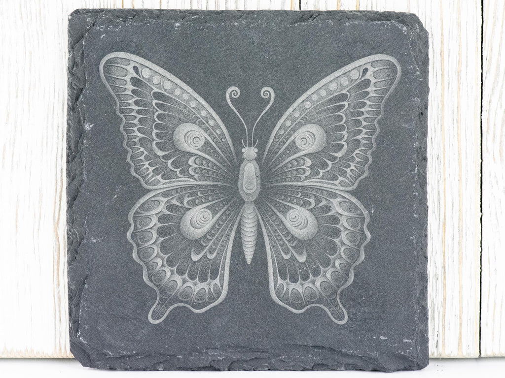 Laser Engraved Butterfly #2 Black Slate Square Coaster • Rustic Barware