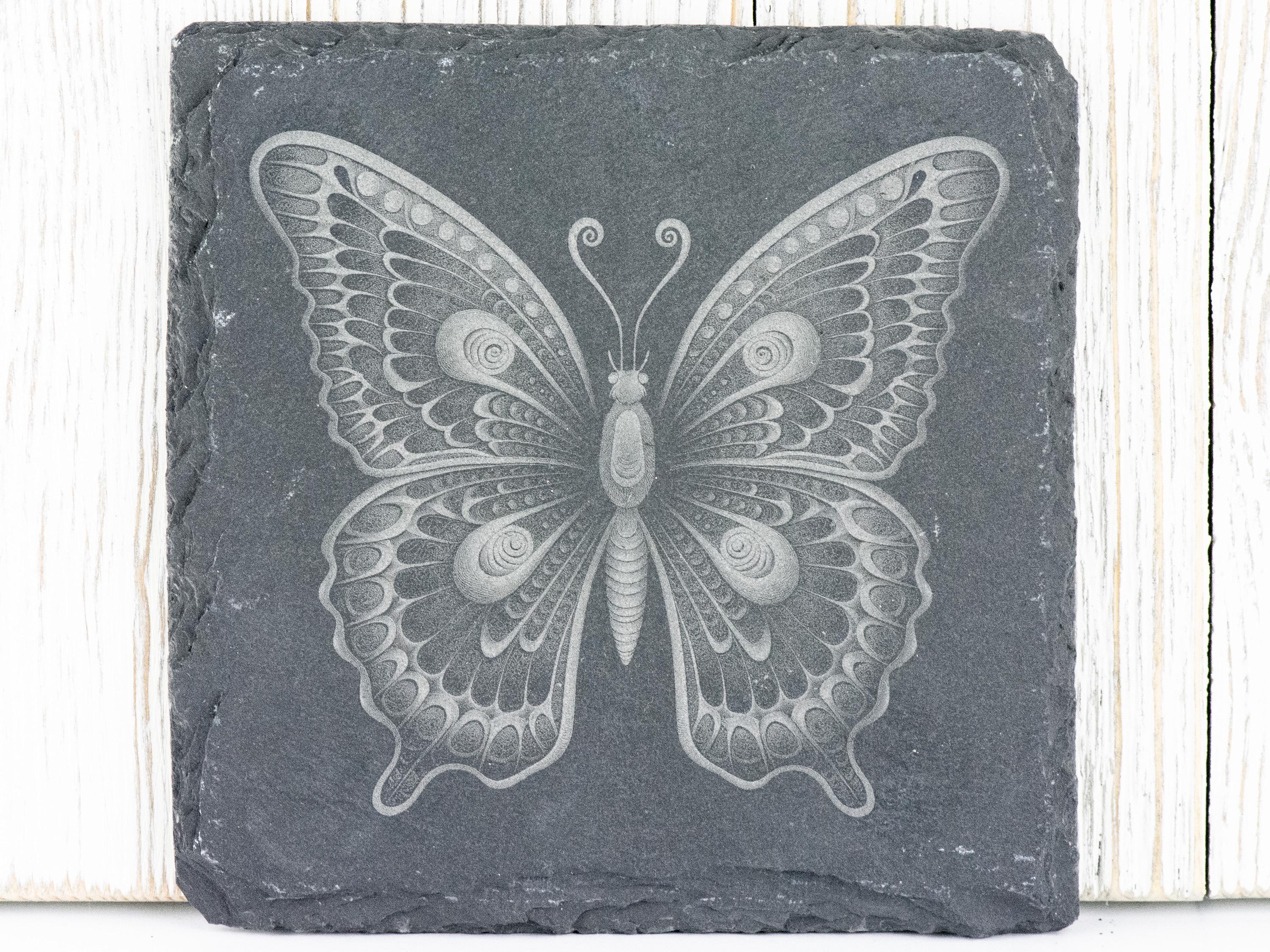 Laser Engraved Butterfly #2 Black Slate Square Coaster • Rustic Barware