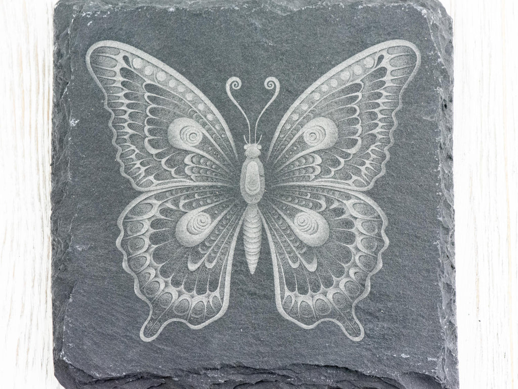 Laser Engraved Butterfly #2 Black Slate Square Coaster • Rustic Barware