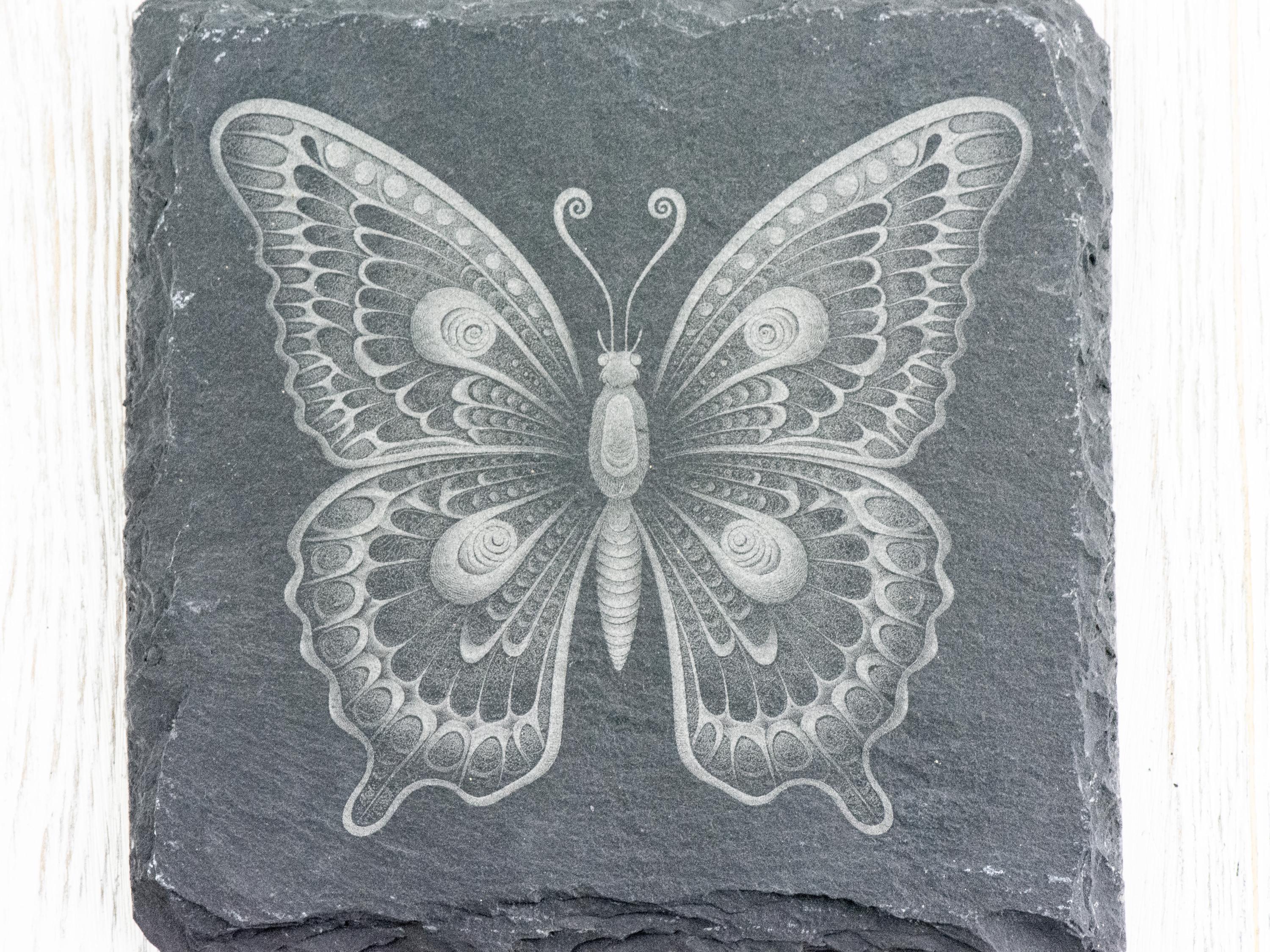 Laser Engraved Butterfly #2 Black Slate Square Coaster • Rustic Barware