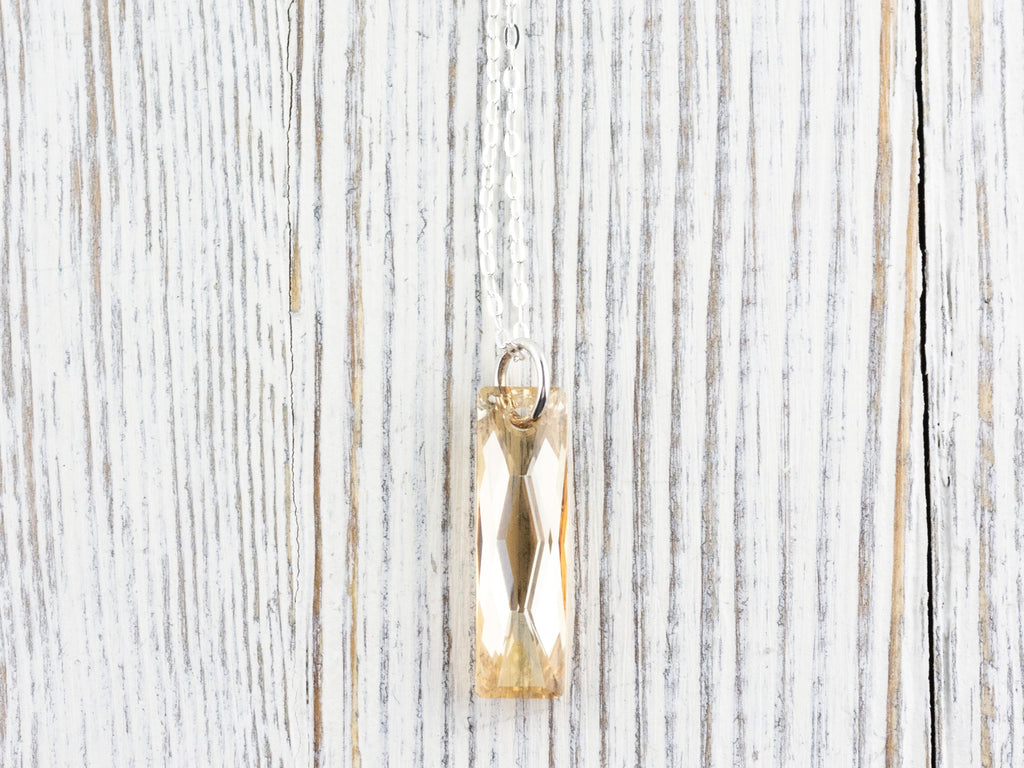Golden Shadow Crystal Queen Baguette Pendant Necklace • Long .925 Sterling Silver Chain Necklace • Handmade Minimalist Jewelry • Gift Ideas