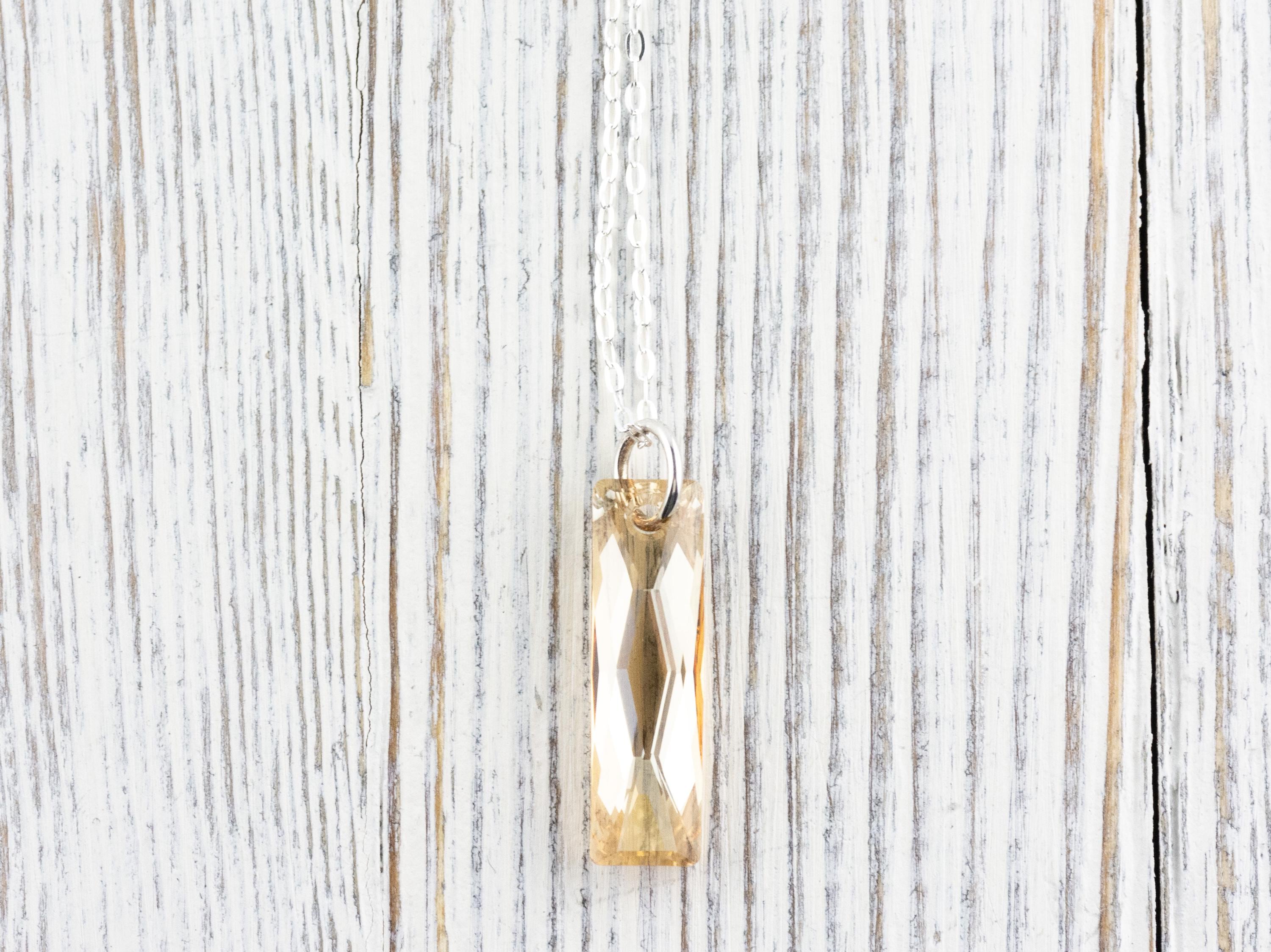 Golden Shadow Crystal Queen Baguette Pendant Necklace • Long .925 Sterling Silver Chain Necklace • Handmade Minimalist Jewelry • Gift Ideas