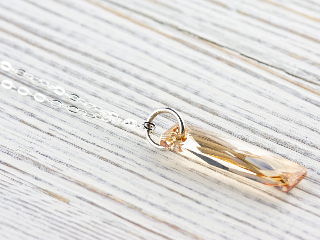 Golden Shadow Crystal Queen Baguette Pendant Necklace • Long .925 Sterling Silver Chain Necklace • Handmade Minimalist Jewelry • Gift Ideas