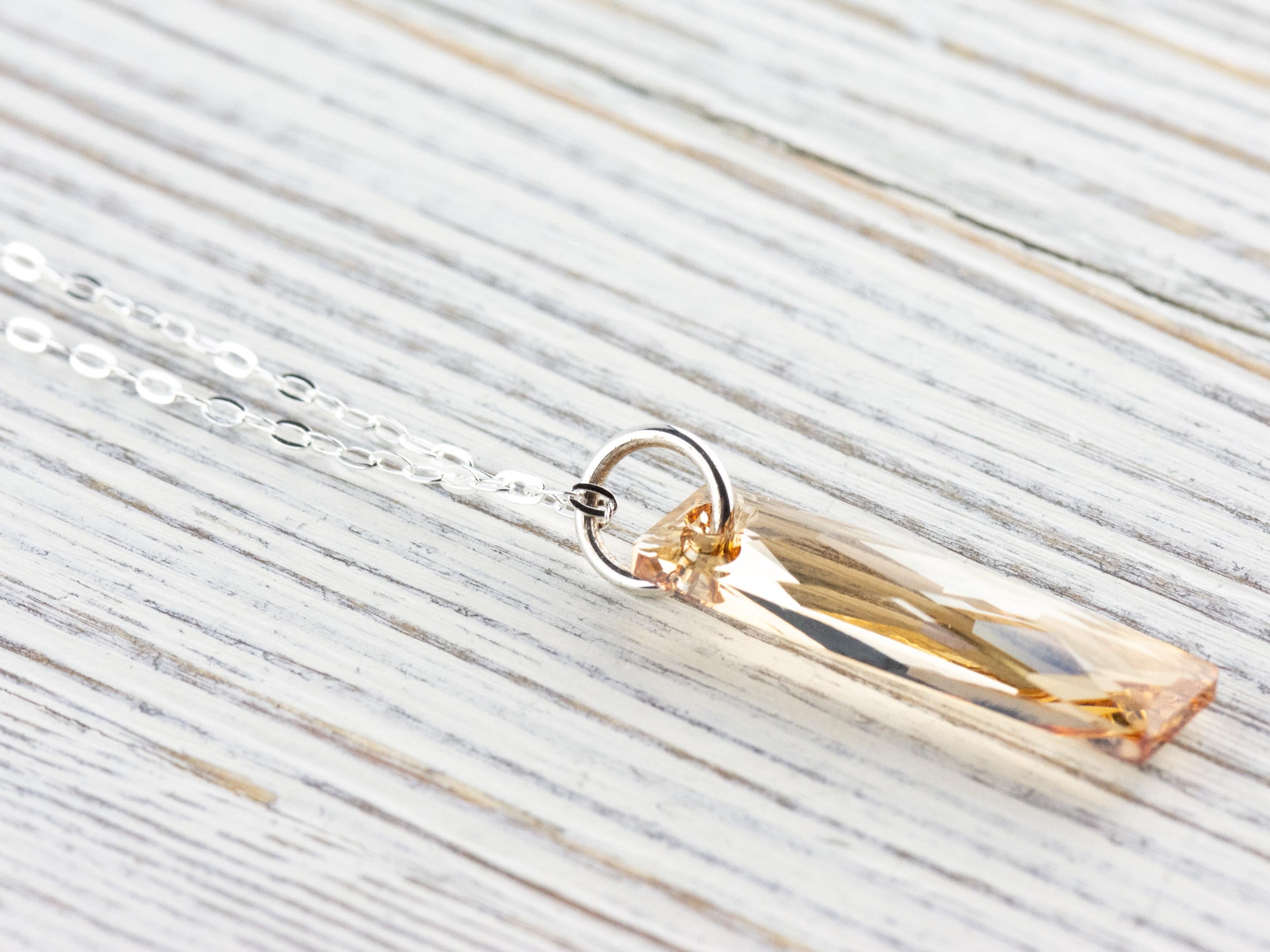 Golden Shadow Crystal Queen Baguette Pendant Necklace • Long .925 Sterling Silver Chain Necklace • Handmade Minimalist Jewelry • Gift Ideas