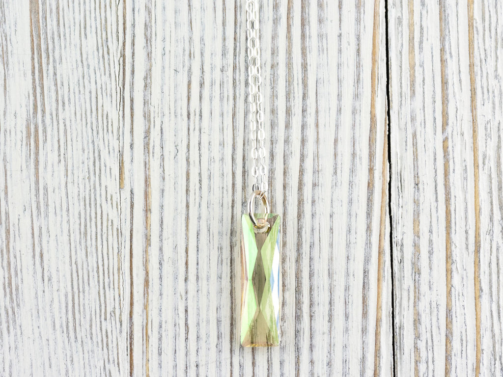 Luminous Green Crystal Queen Baguette Pendant Necklace • Long .925 Sterling Silver Chain Necklace • Handmade Minimalist Jewelry • Gift Ideas