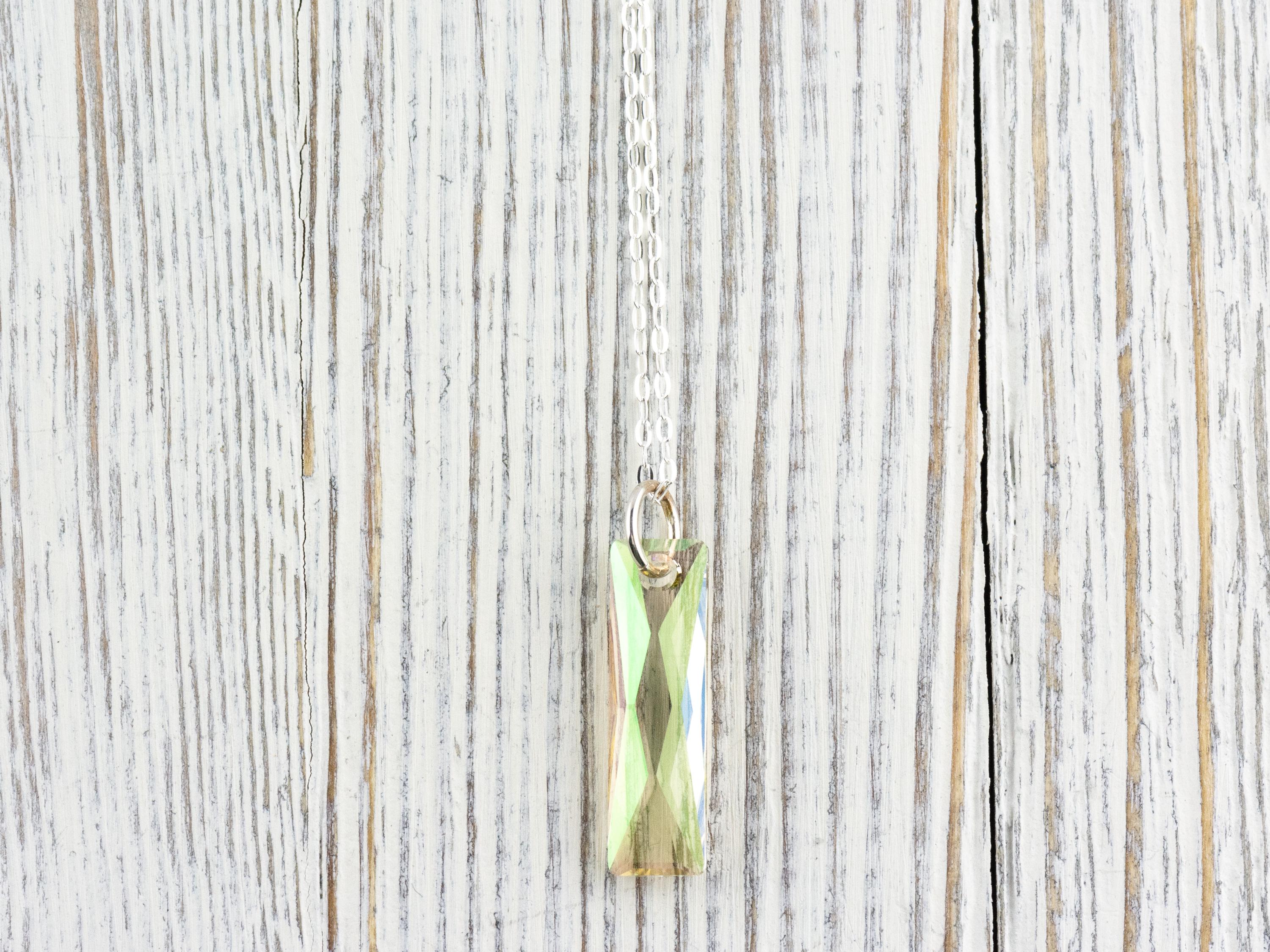 Luminous Green Crystal Queen Baguette Pendant Necklace • Long .925 Sterling Silver Chain Necklace • Handmade Minimalist Jewelry • Gift Ideas