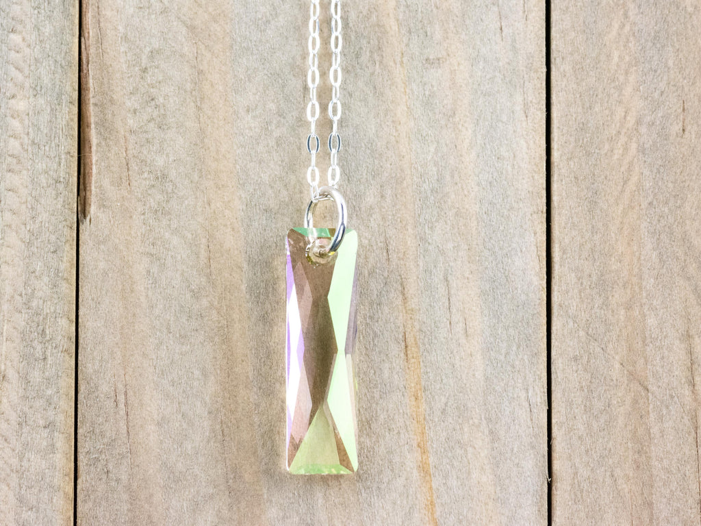 Luminous Green Crystal Queen Baguette Pendant Necklace • Long .925 Sterling Silver Chain Necklace • Handmade Minimalist Jewelry • Gift Ideas