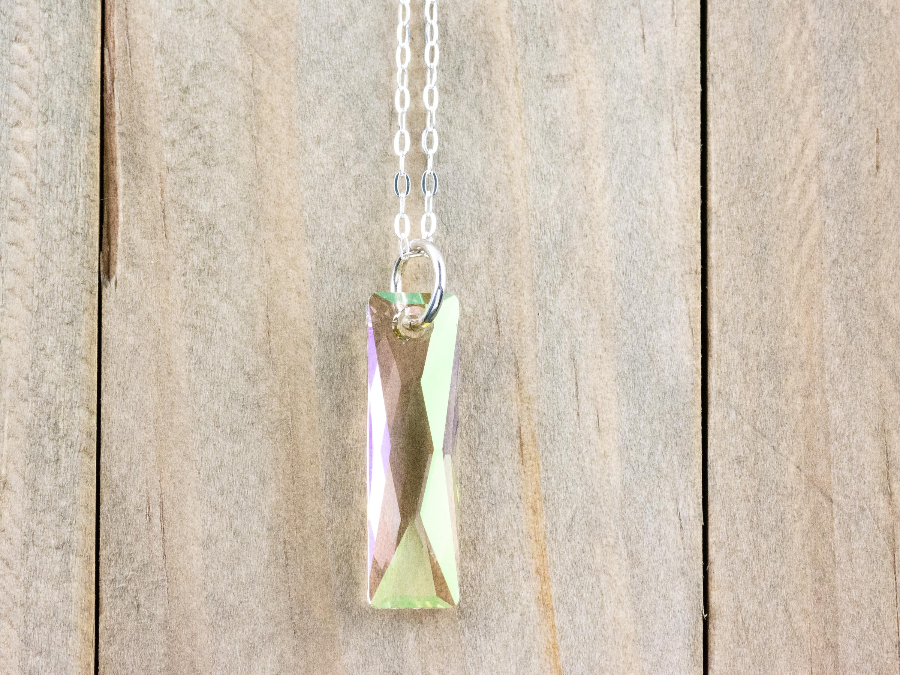 Luminous Green Crystal Queen Baguette Pendant Necklace • Long .925 Sterling Silver Chain Necklace • Handmade Minimalist Jewelry • Gift Ideas