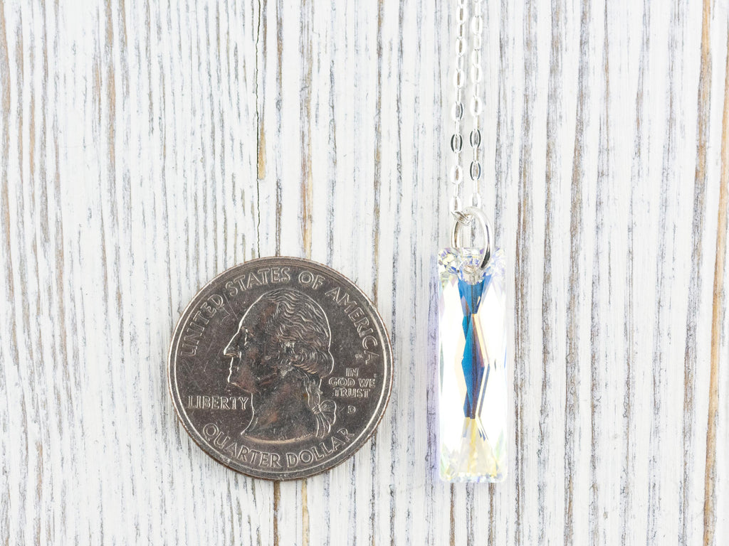 Crystal AB Queen Baguette Pendant Necklace • Long .925 Sterling Silver Chain Necklace • Handmade Minimalist Jewelry • Gift for Her