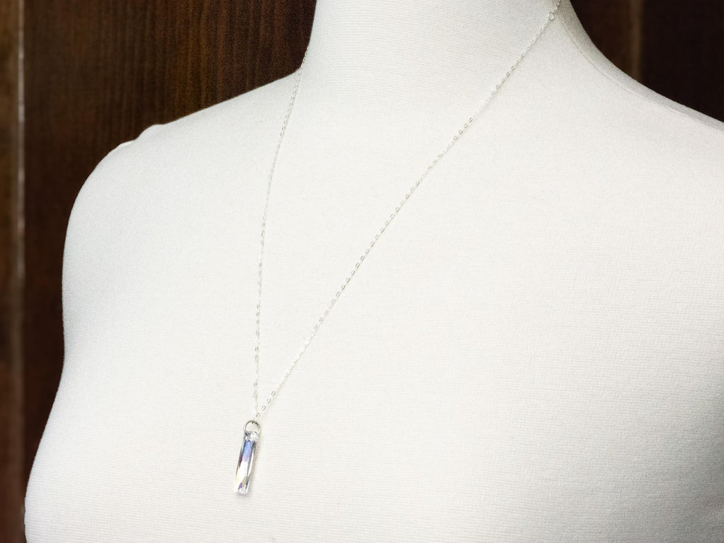 Crystal AB Queen Baguette Pendant Necklace • Long .925 Sterling Silver Chain Necklace • Handmade Minimalist Jewelry • Gift for Her