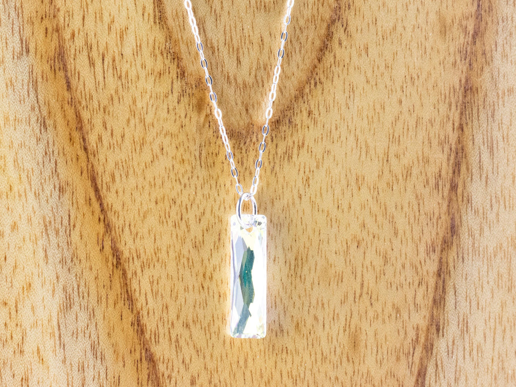 Crystal AB Queen Baguette Pendant Necklace • Long .925 Sterling Silver Chain Necklace • Handmade Minimalist Jewelry • Gift for Her