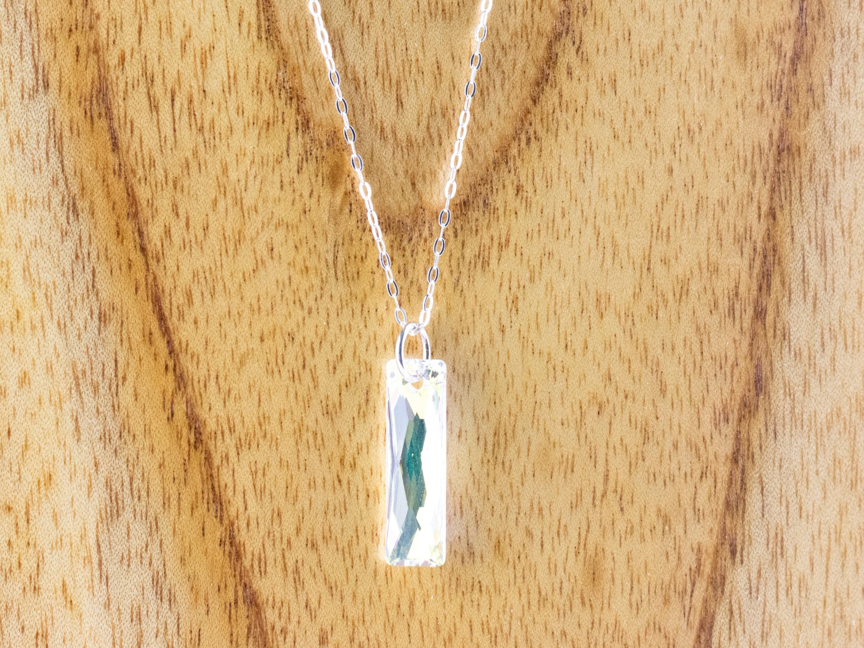 Crystal AB Queen Baguette Pendant Necklace • Long .925 Sterling Silver Chain Necklace • Handmade Minimalist Jewelry • Gift for Her