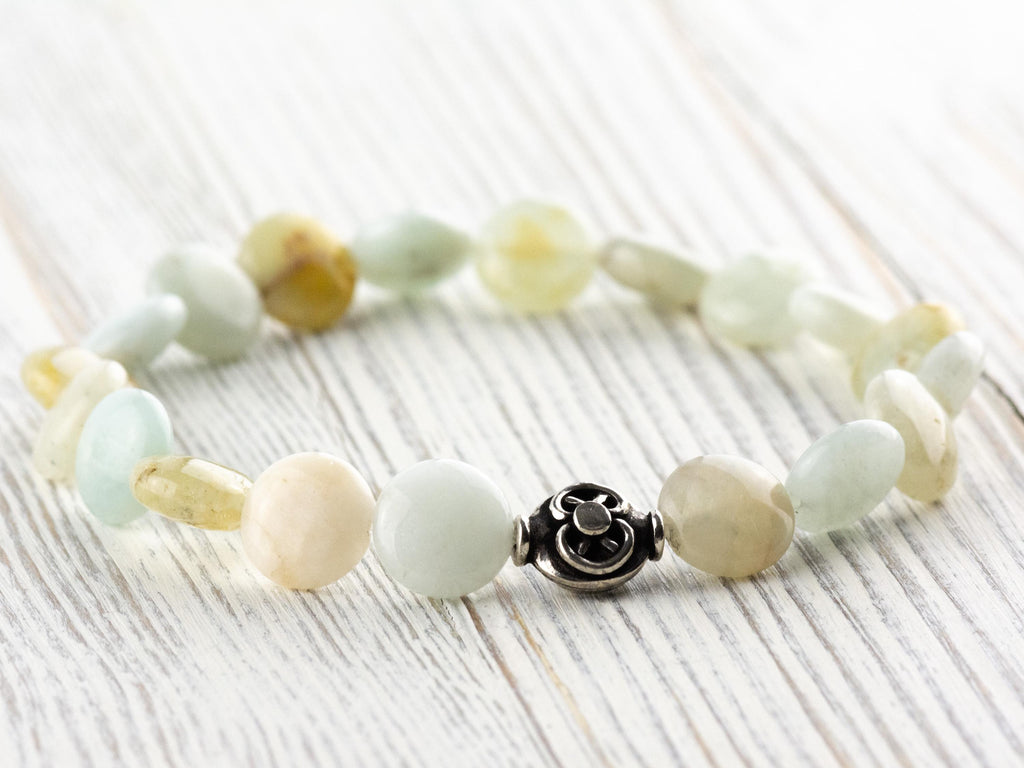 Aquamarine Beaded Gemstone Stretch Bracelet • Simple Unisex Semi-Precious Stone Jewelry • Handmade Natural Gemstone Bracelet