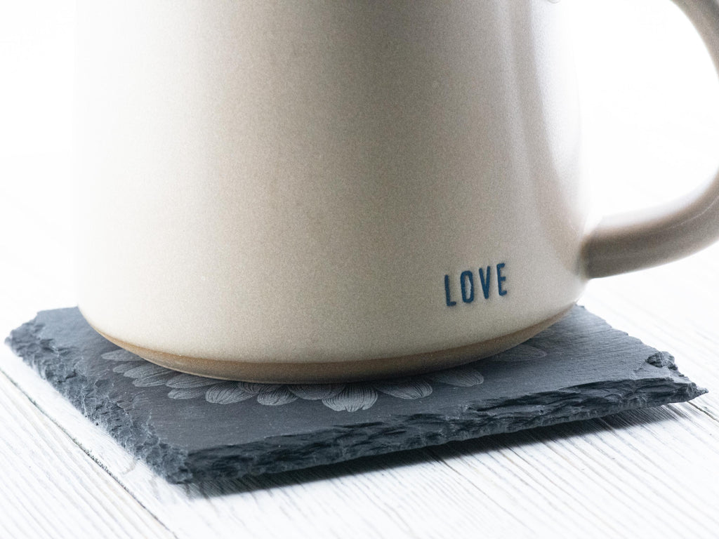 Laser Engraved Gerbera Daisy Black Slate Square Coaster • Rustic Barware