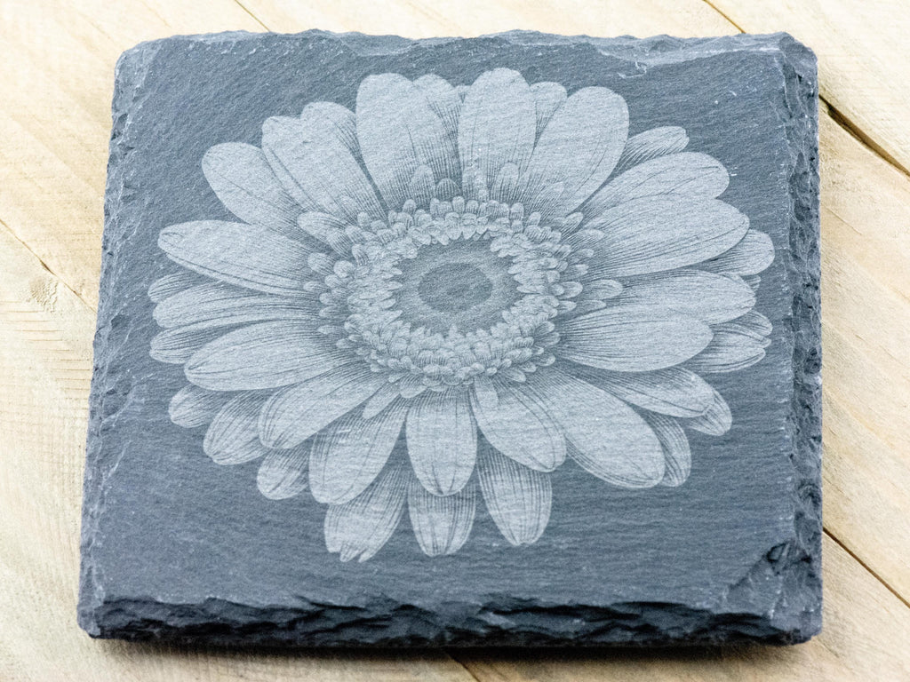 Laser Engraved Gerbera Daisy Black Slate Square Coaster • Rustic Barware