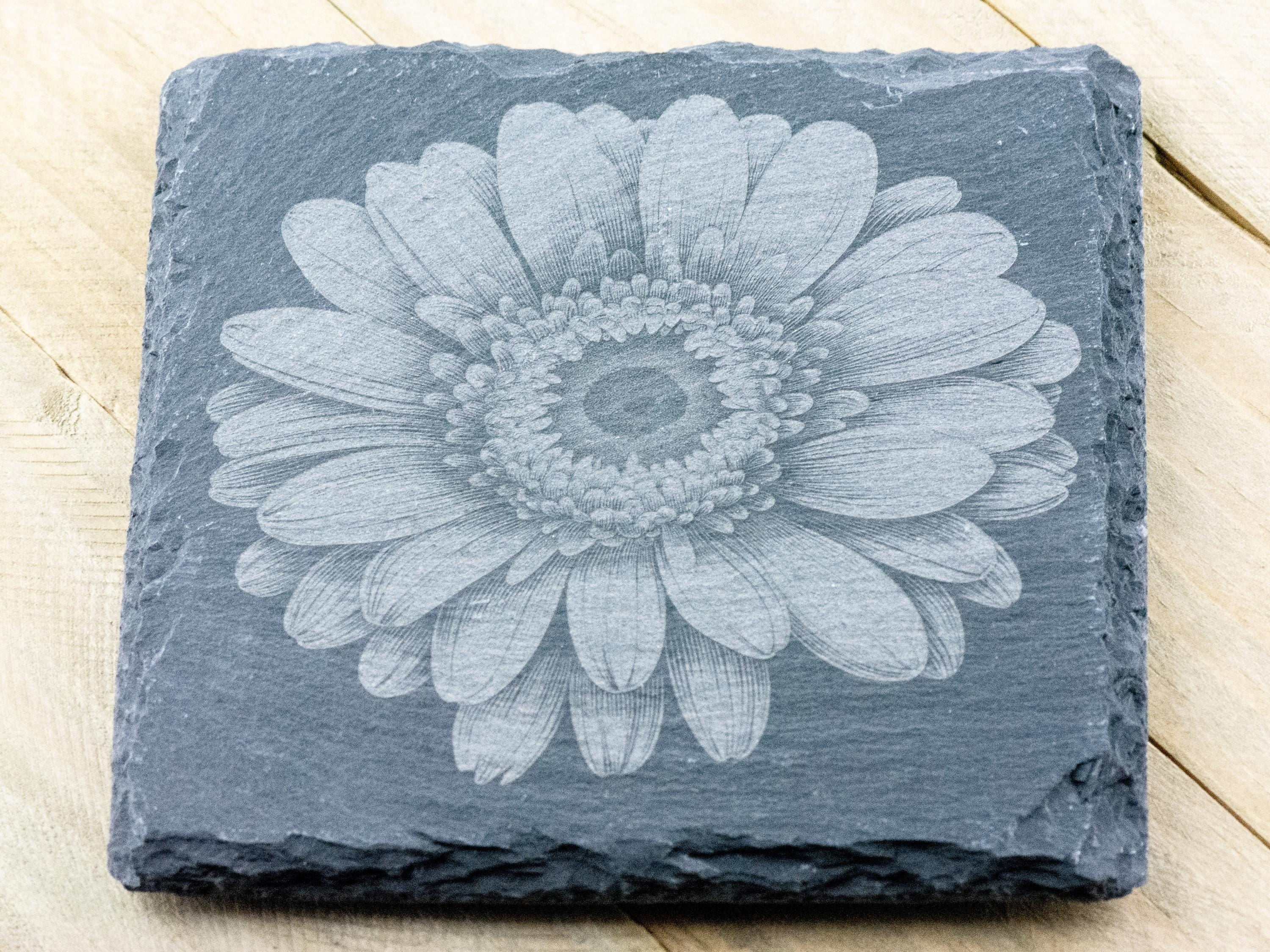 Laser Engraved Gerbera Daisy Black Slate Square Coaster • Rustic Barware