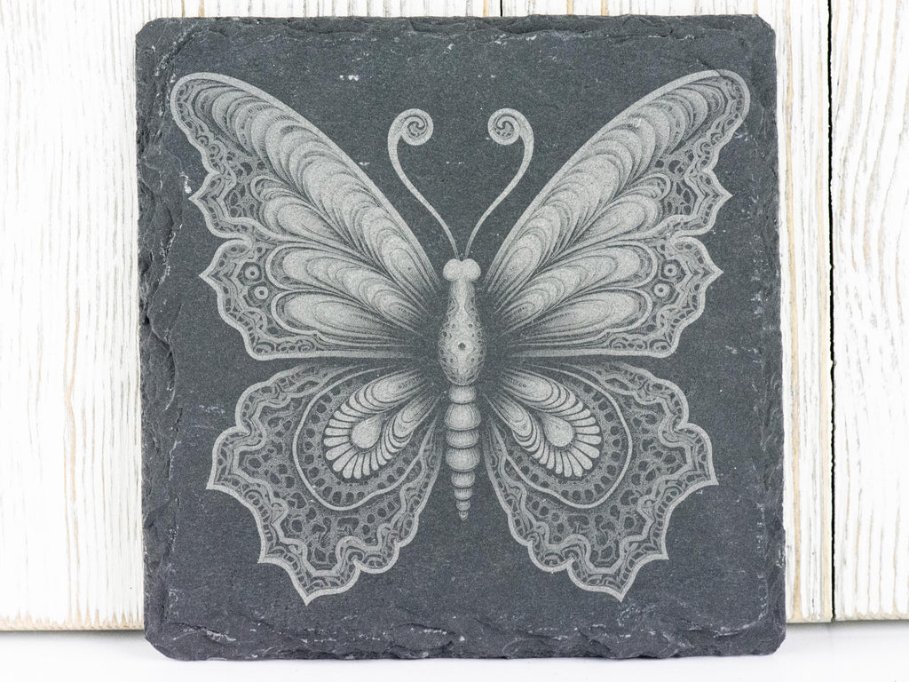 Laser Engraved Butterfly #3 Black Slate Square Coaster • Rustic Barware