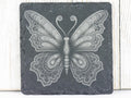 Laser Engraved Butterfly #3 Black Slate Square Coaster • Rustic Barware
