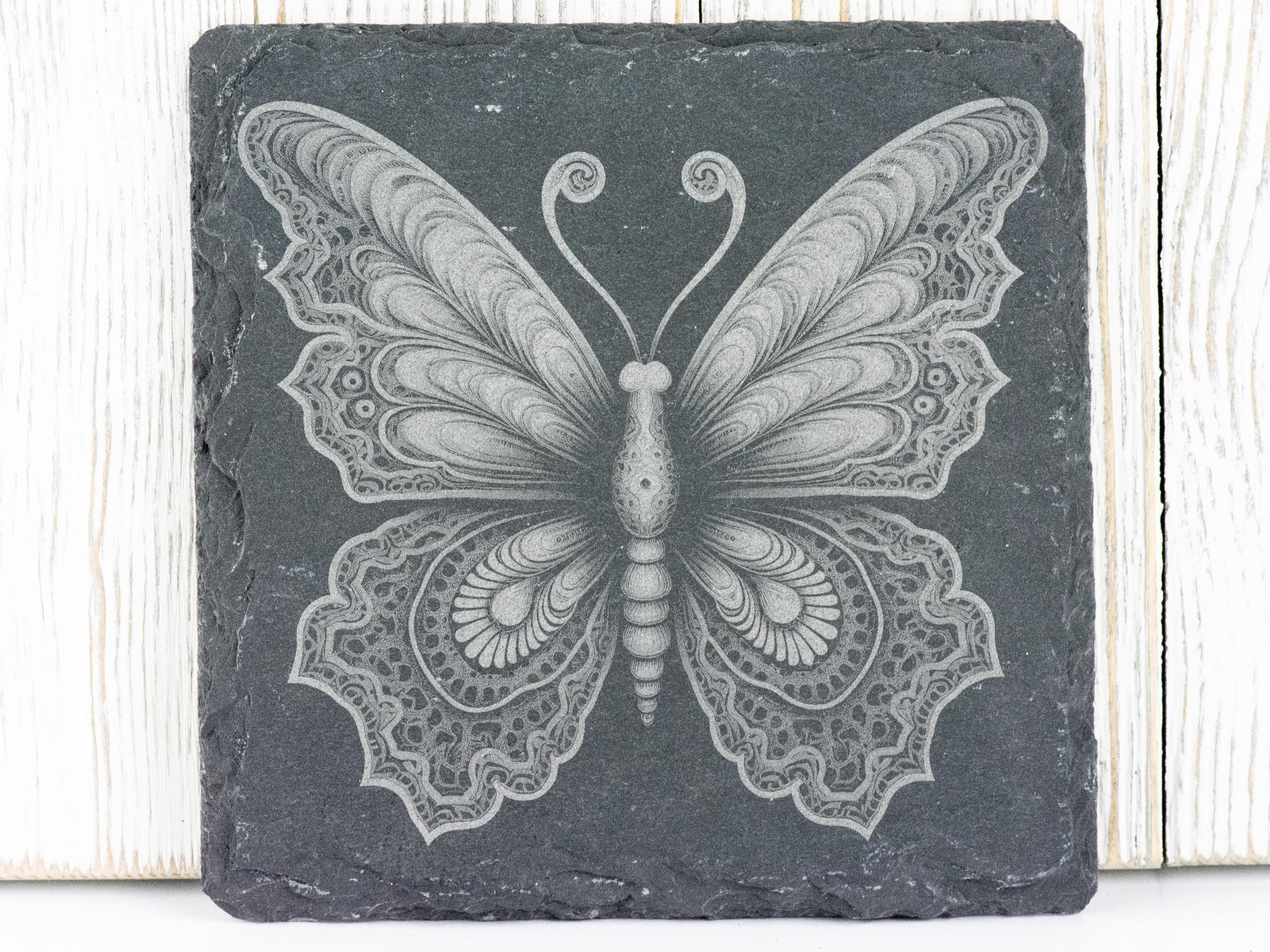 Laser Engraved Butterfly #3 Black Slate Square Coaster • Rustic Barware