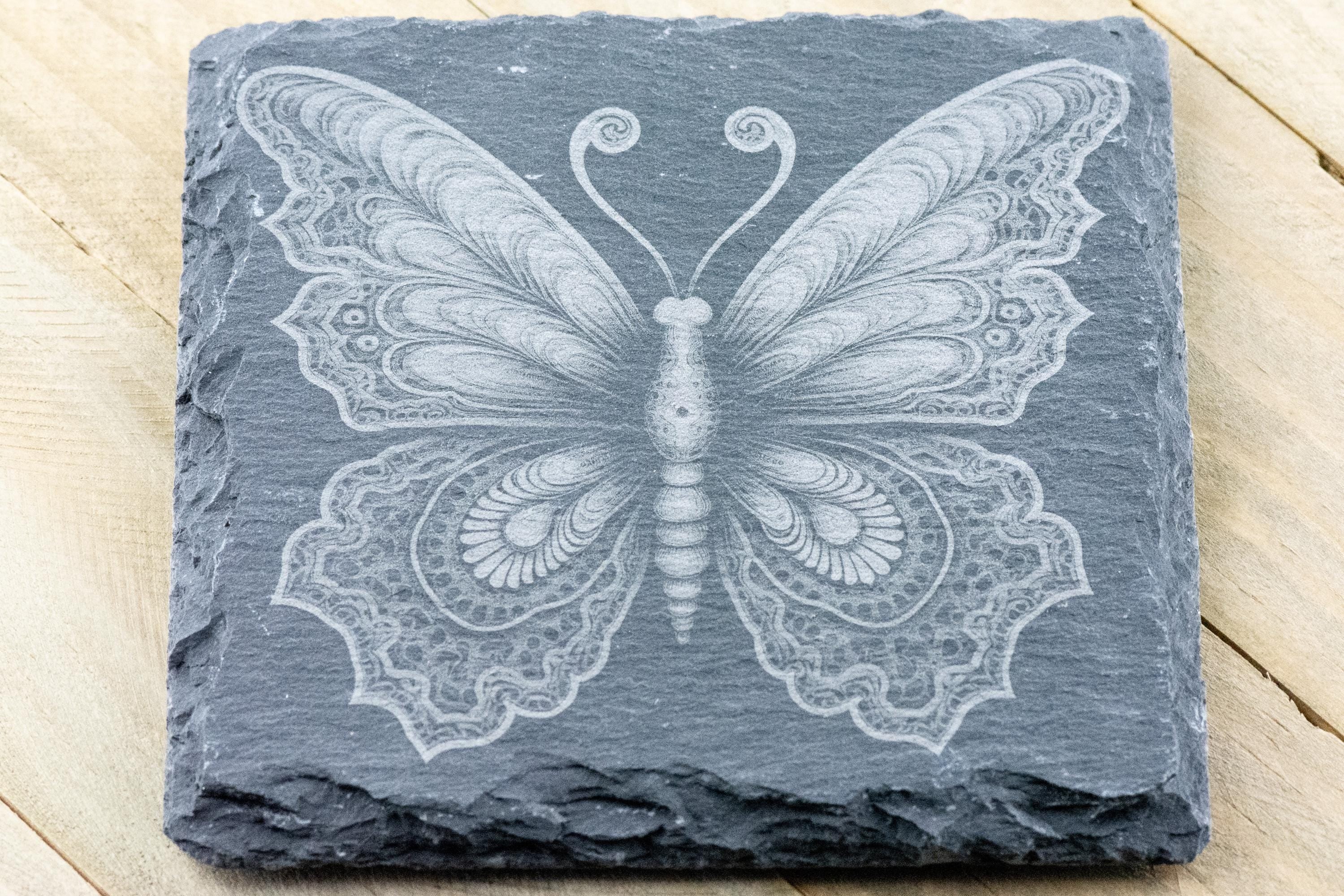 Laser Engraved Butterfly #3 Black Slate Square Coaster • Rustic Barware