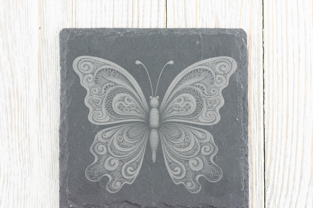 Laser Engraved Butterfly #4 Black Slate Square Coaster • Rustic Barware