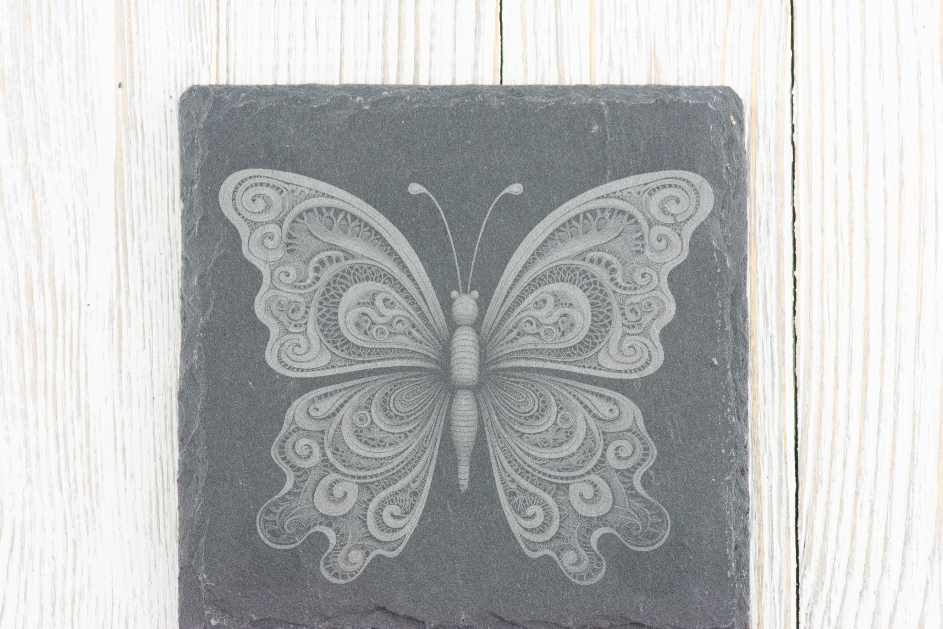 Laser Engraved Butterfly #4 Black Slate Square Coaster • Rustic Barware