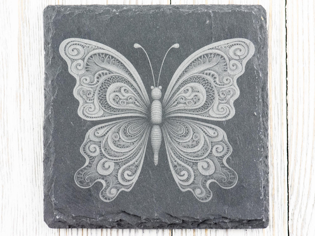 Laser Engraved Butterfly #4 Black Slate Square Coaster • Rustic Barware