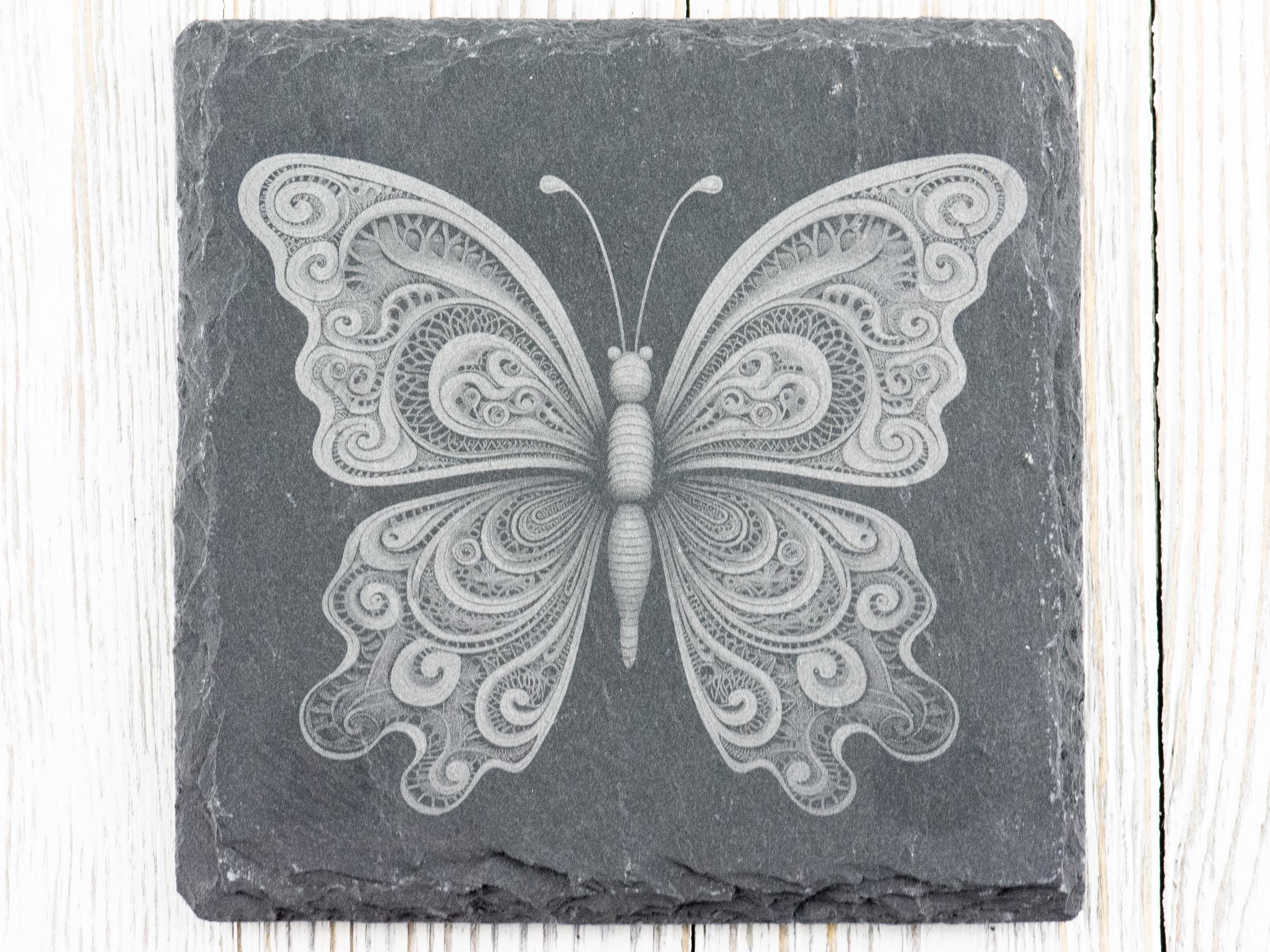 Laser Engraved Butterfly #4 Black Slate Square Coaster • Rustic Barware