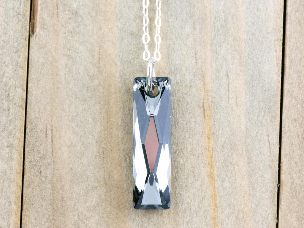 Silver Crystal Queen Baguette Pendant Necklace • Long .925 Sterling Silver Chain Necklace • Handmade Minimalist Jewelry • Gift for Her