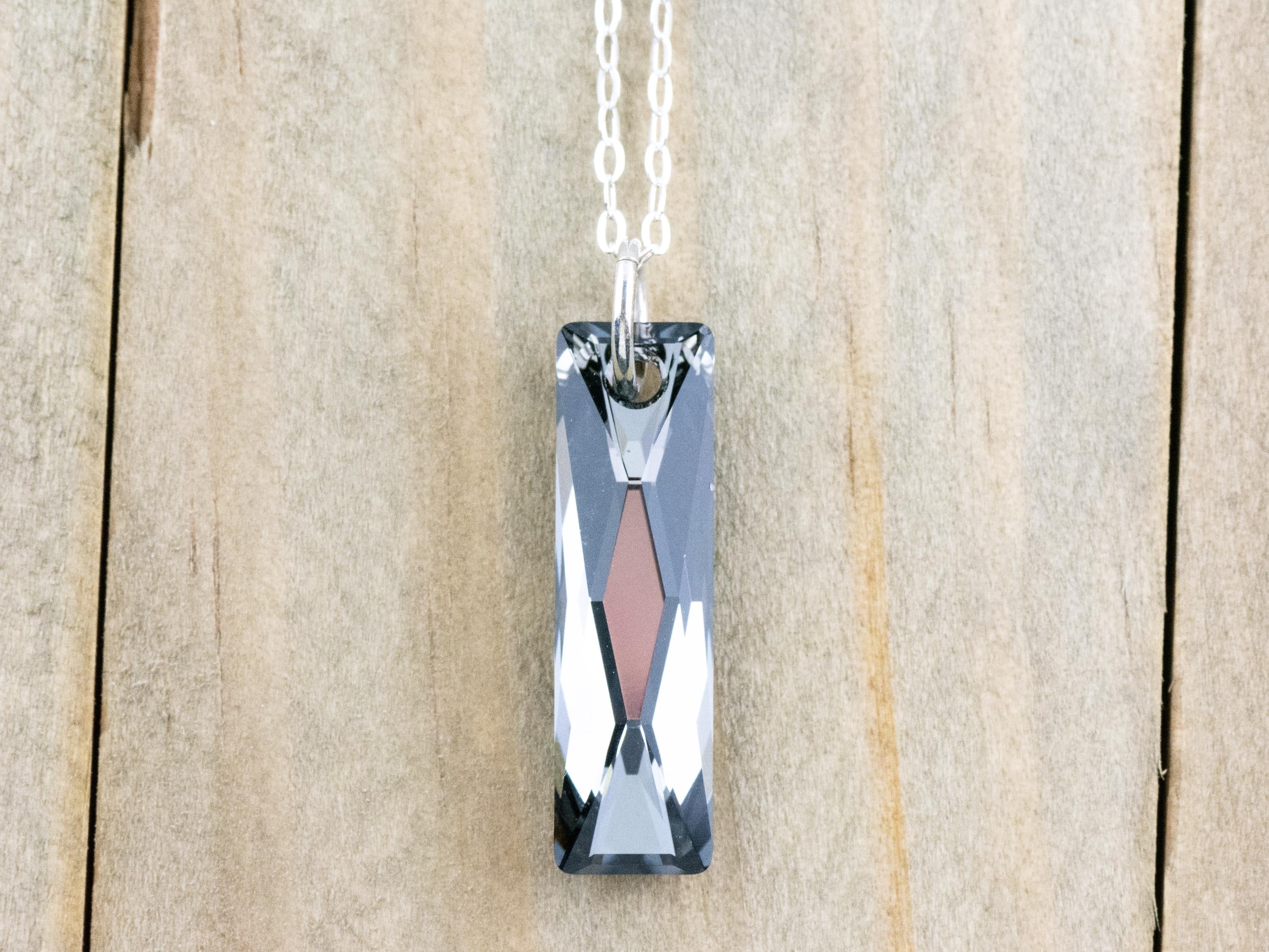 Silver Crystal Queen Baguette Pendant Necklace • Long .925 Sterling Silver Chain Necklace • Handmade Minimalist Jewelry • Gift for Her