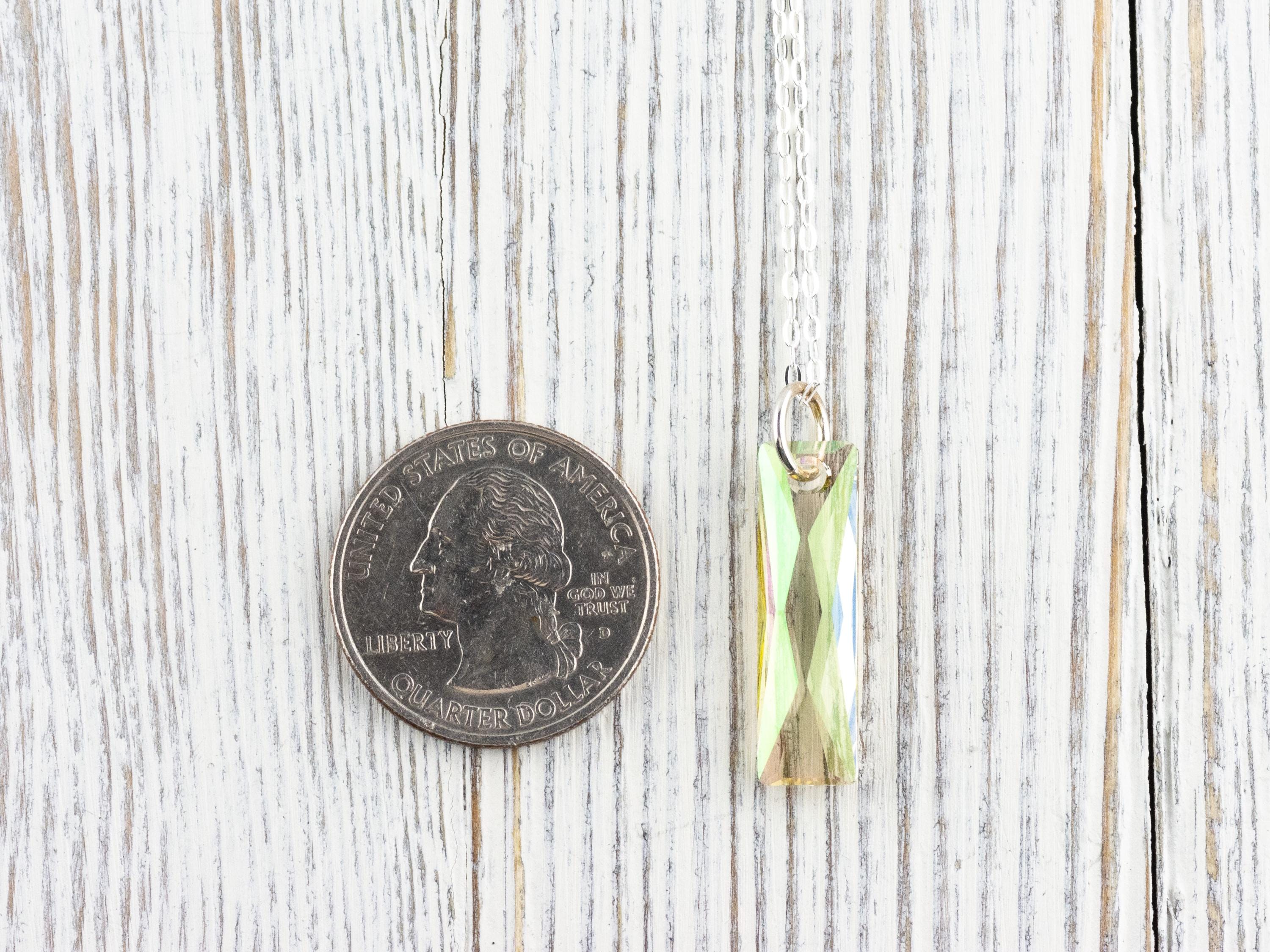 Luminous Green Crystal Queen Baguette Pendant Necklace • Long .925 Sterling Silver Chain Necklace • Handmade Minimalist Jewelry • Gift Ideas