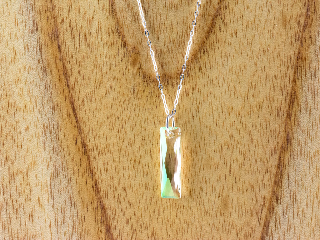 Luminous Green Crystal Queen Baguette Pendant Necklace • Long .925 Sterling Silver Chain Necklace • Handmade Minimalist Jewelry • Gift Ideas