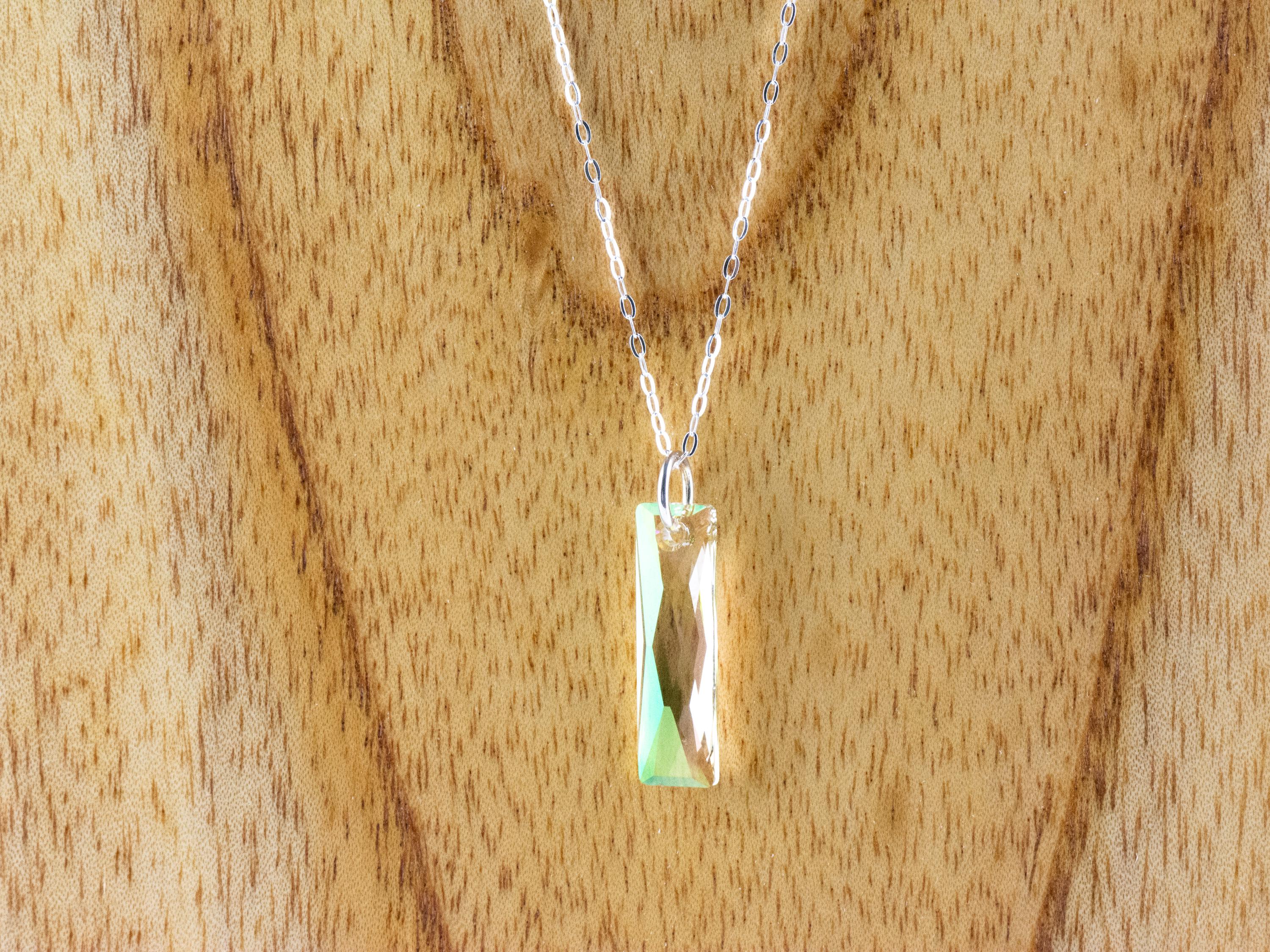 Luminous Green Crystal Queen Baguette Pendant Necklace • Long .925 Sterling Silver Chain Necklace • Handmade Minimalist Jewelry • Gift Ideas