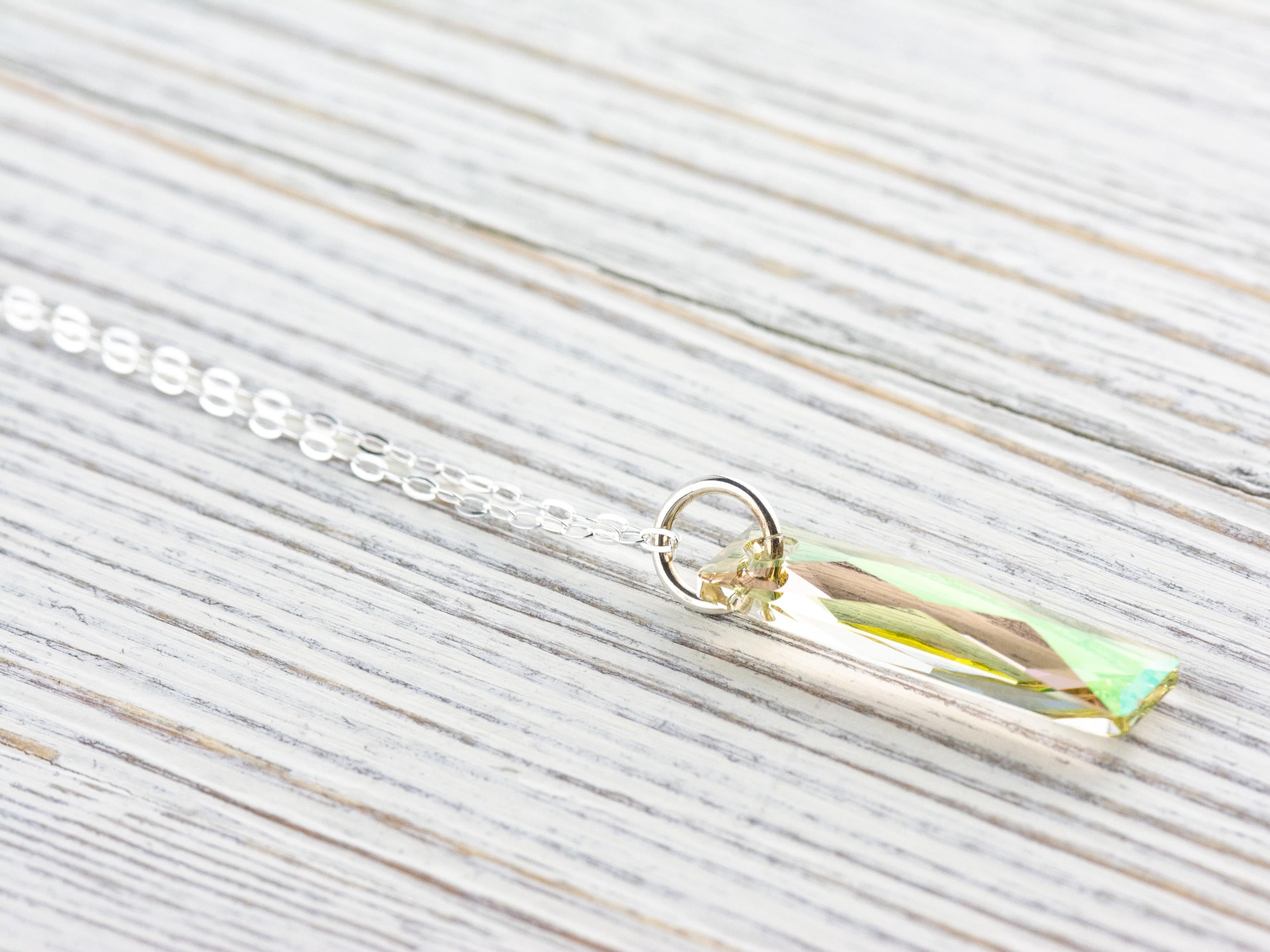 Luminous Green Crystal Queen Baguette Pendant Necklace • Long .925 Sterling Silver Chain Necklace • Handmade Minimalist Jewelry • Gift Ideas