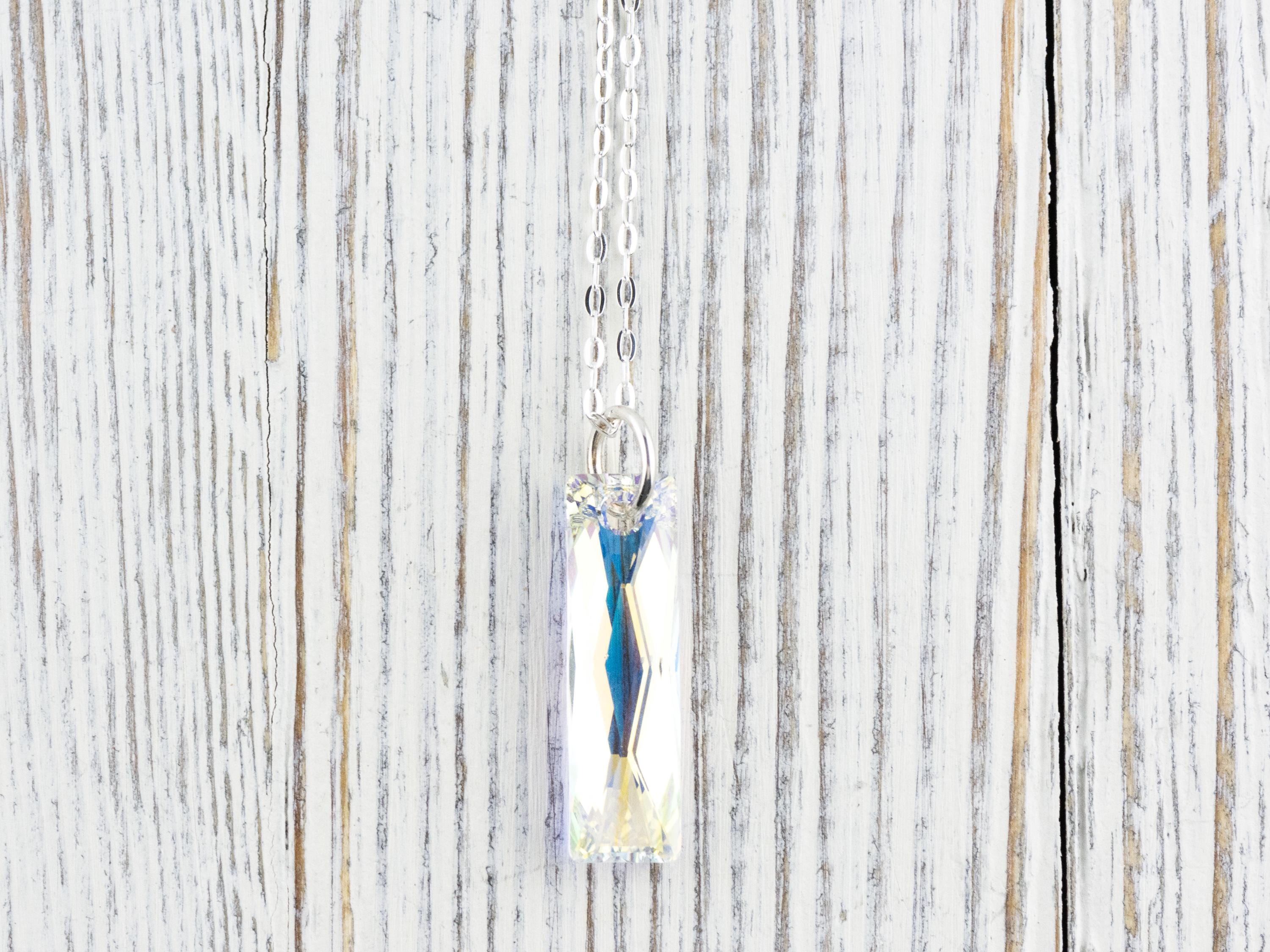 Crystal AB Queen Baguette Pendant Necklace • Long .925 Sterling Silver Chain Necklace • Handmade Minimalist Jewelry • Gift for Her