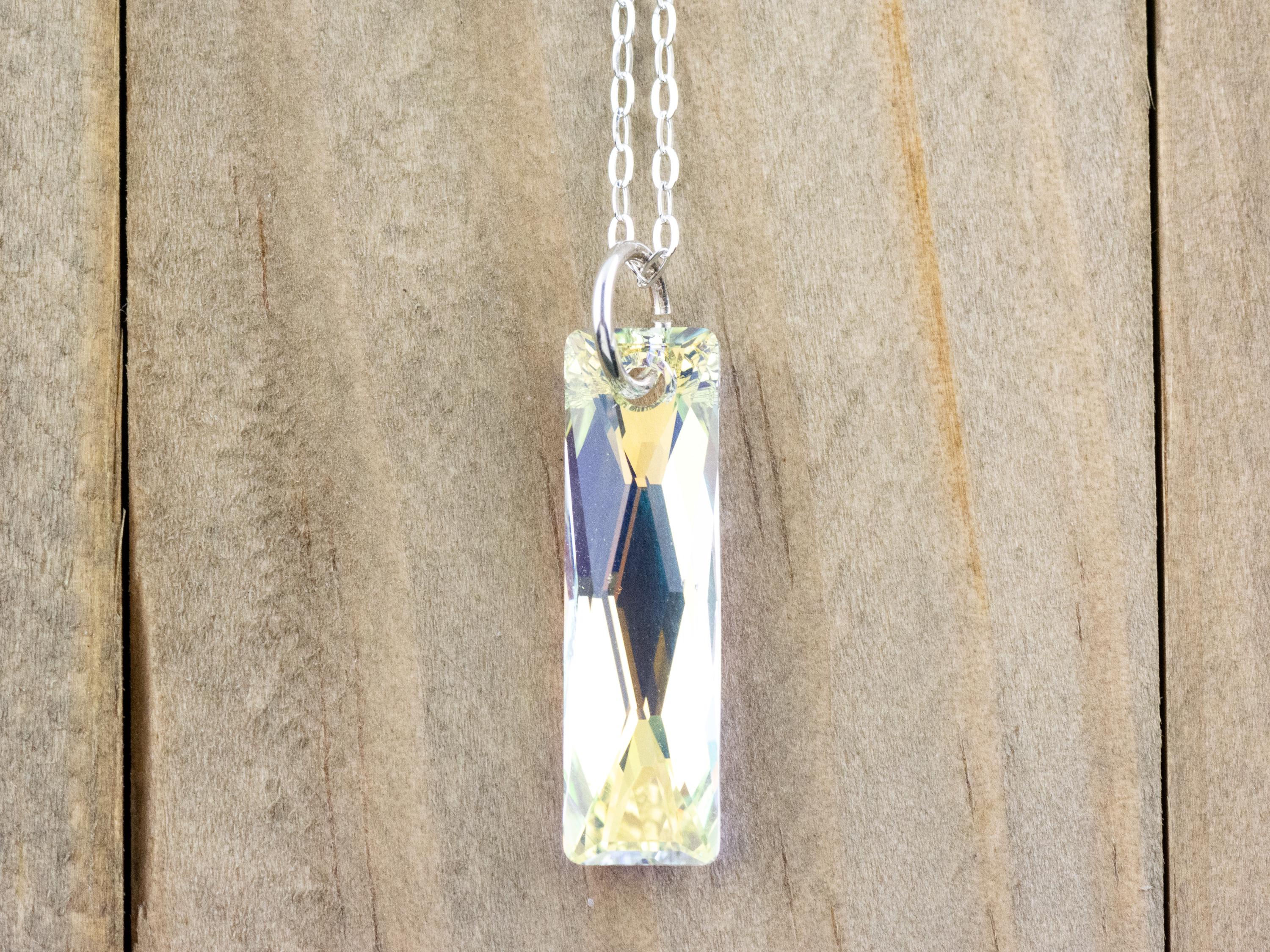 Crystal AB Queen Baguette Pendant Necklace • Long .925 Sterling Silver Chain Necklace • Handmade Minimalist Jewelry • Gift for Her
