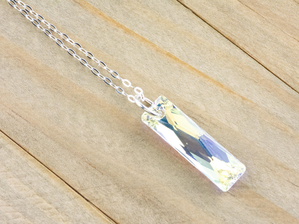 Crystal AB Queen Baguette Pendant Necklace • Long .925 Sterling Silver Chain Necklace • Handmade Minimalist Jewelry • Gift for Her