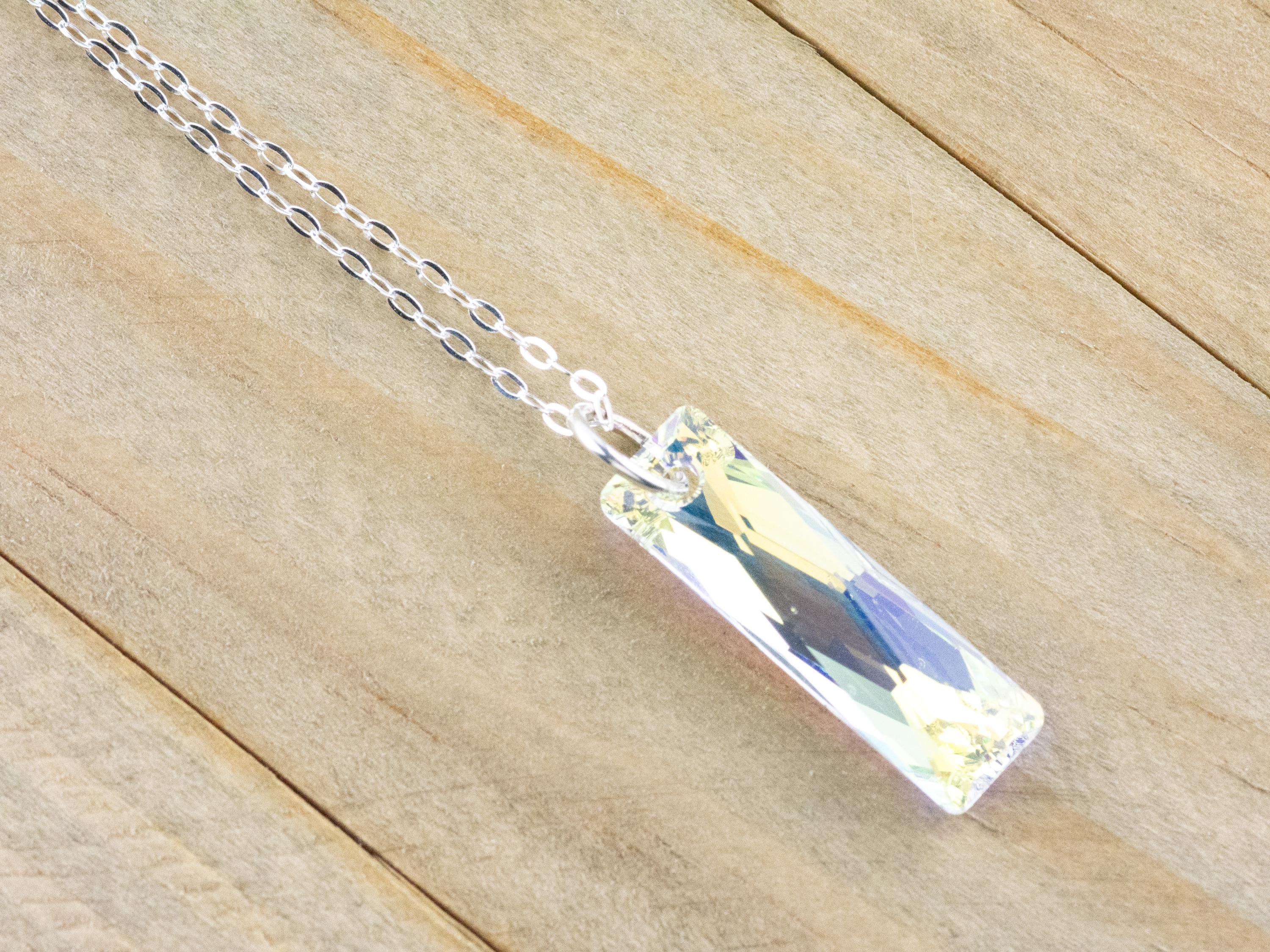 Crystal AB Queen Baguette Pendant Necklace • Long .925 Sterling Silver Chain Necklace • Handmade Minimalist Jewelry • Gift for Her