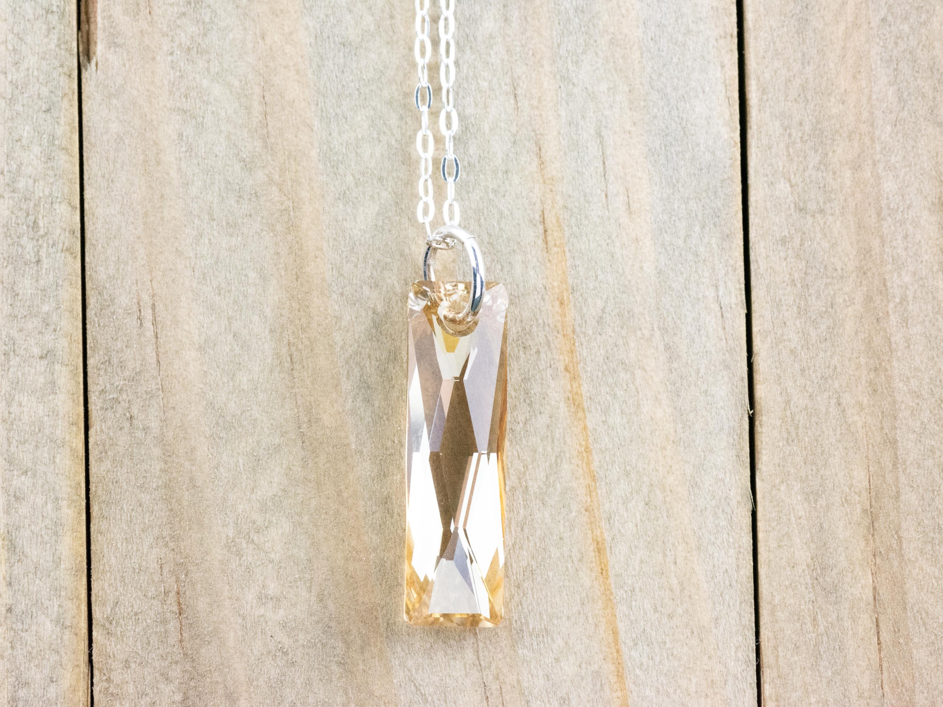 Golden Shadow Crystal Queen Baguette Pendant Necklace • Long .925 Sterling Silver Chain Necklace • Handmade Minimalist Jewelry • Gift Ideas
