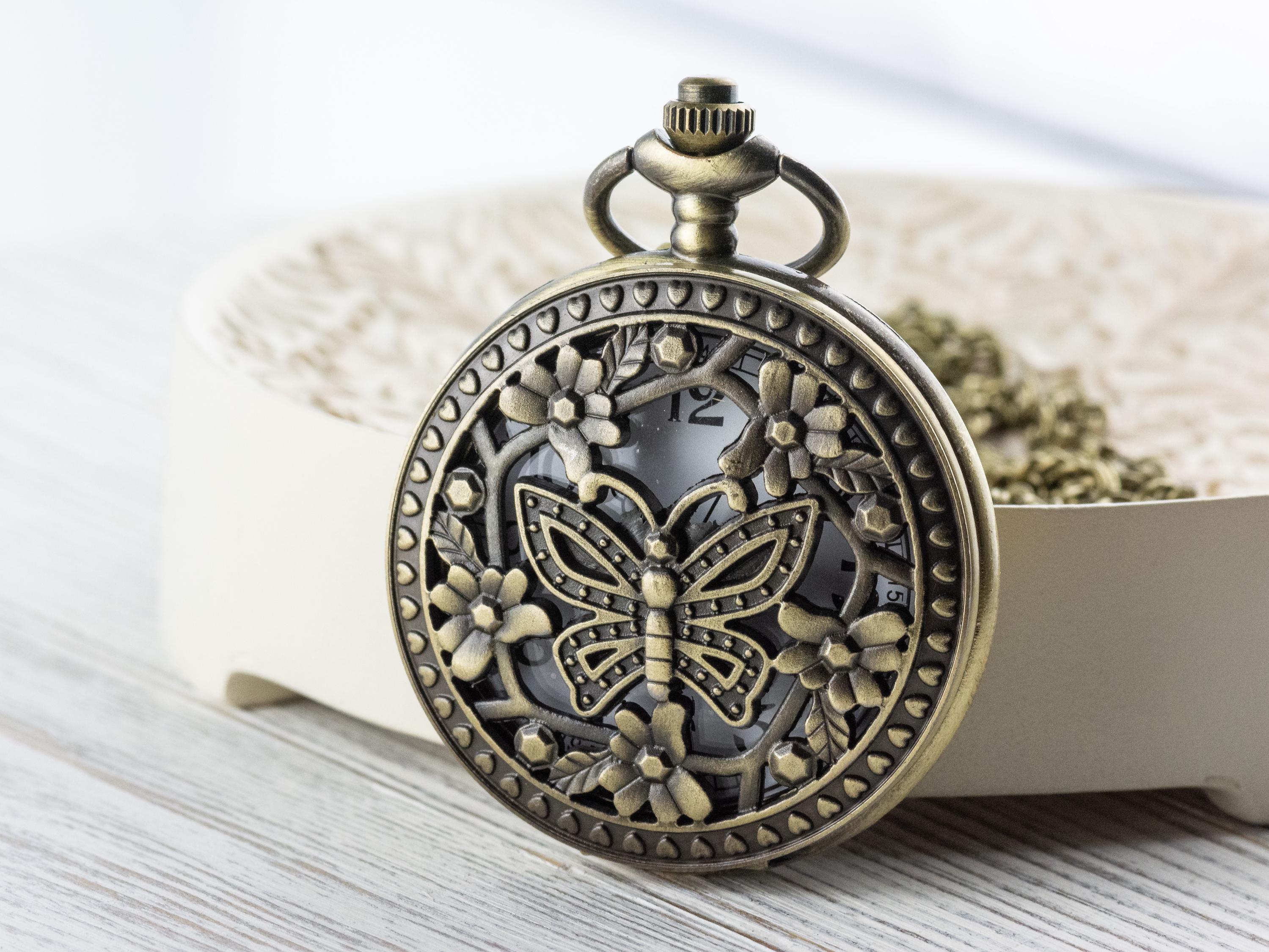 Butterfly Bronze Pocket Watch Long Necklace / Unique Watches / Nature Inspired Jewelry / Large Pocket Watch
