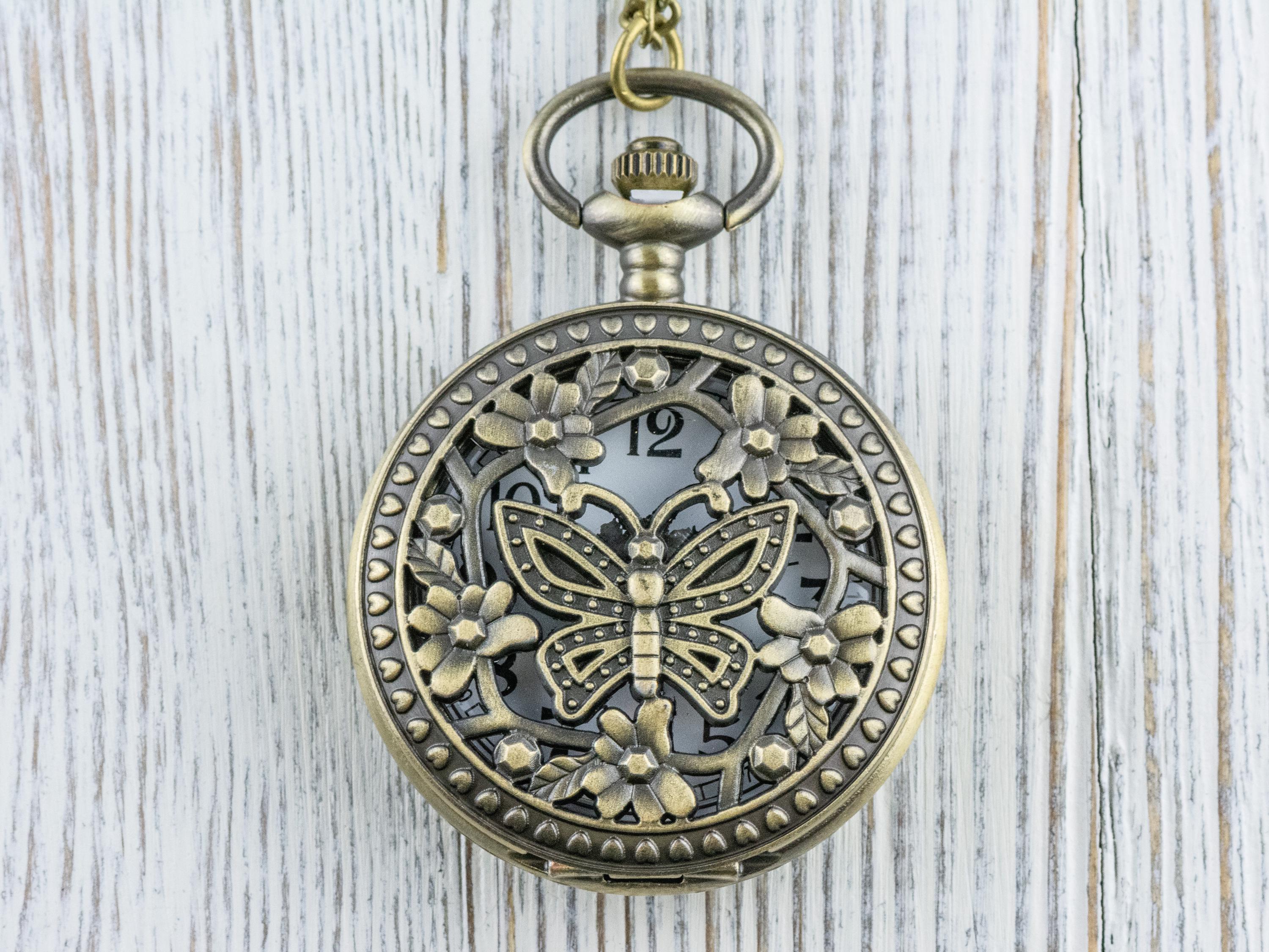 Butterfly Bronze Pocket Watch Long Necklace / Unique Watches / Nature Inspired Jewelry / Large Pocket Watch