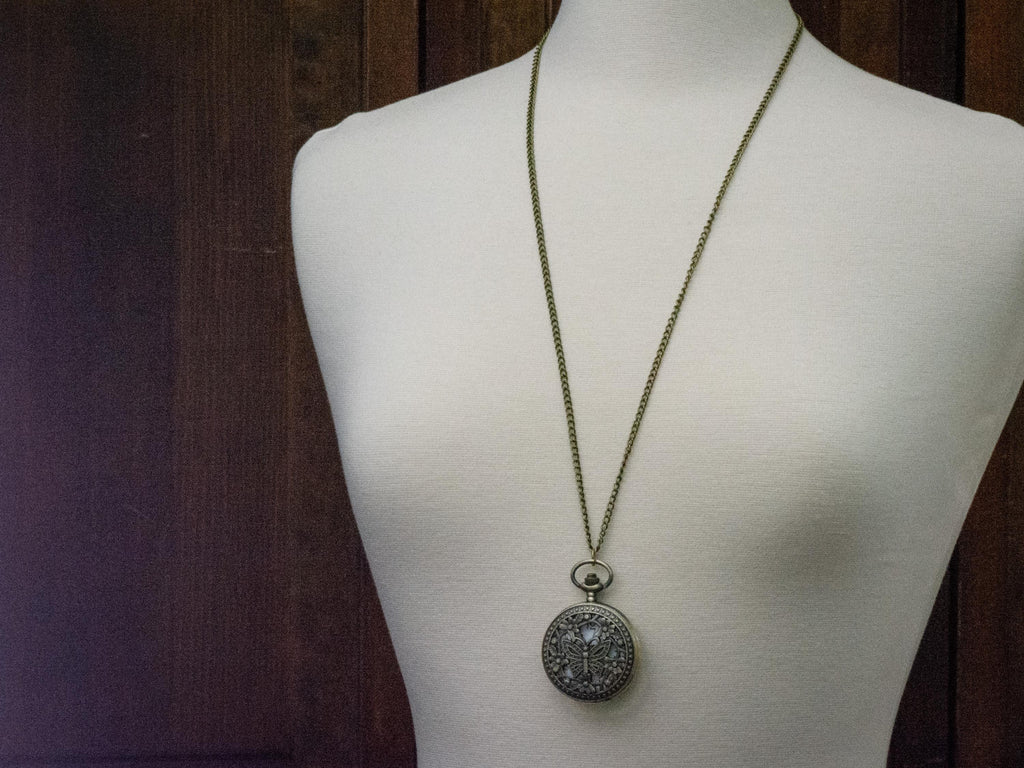 Butterfly Bronze Pocket Watch Long Necklace / Unique Watches / Nature Inspired Jewelry / Large Pocket Watch