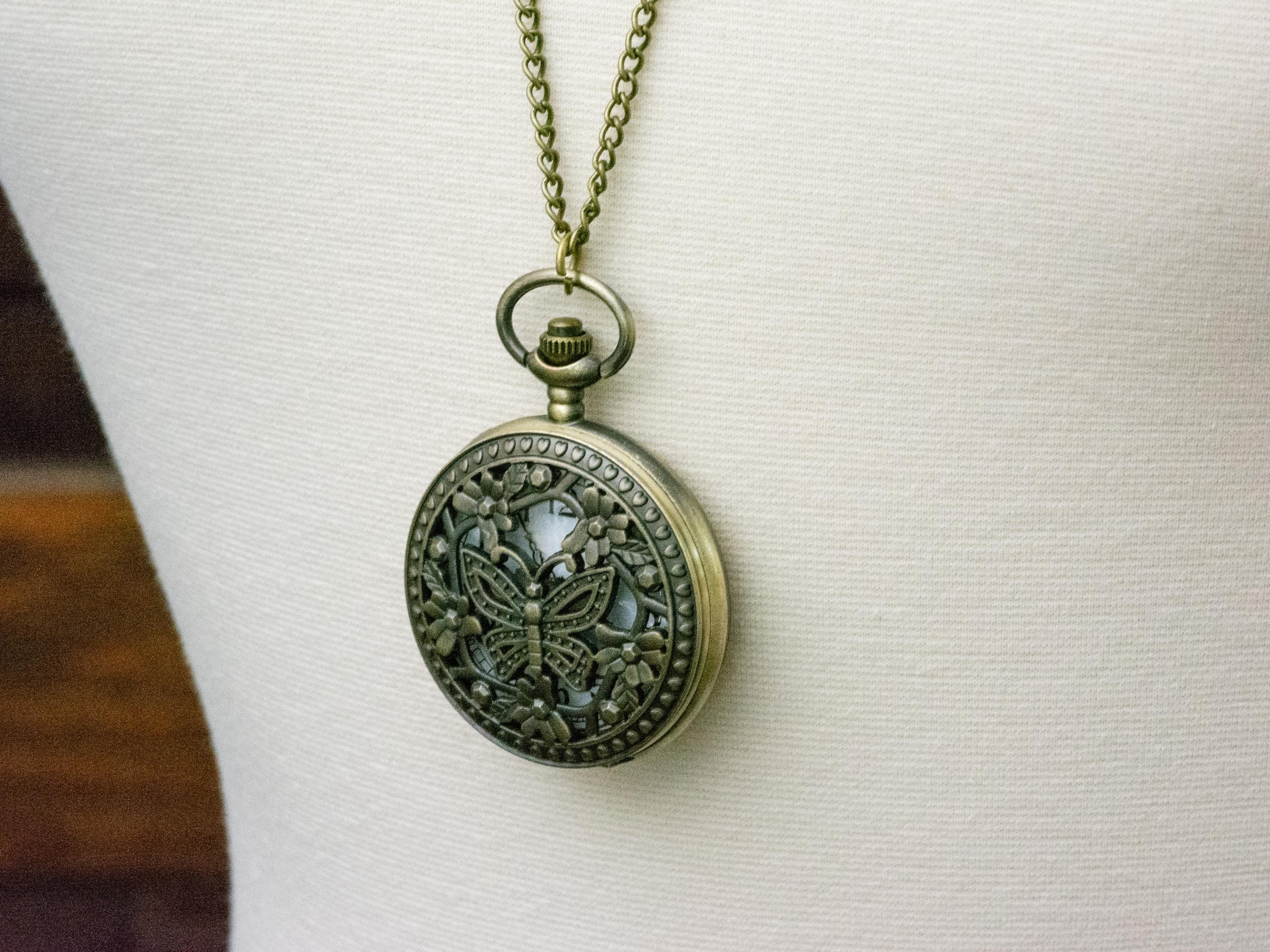 Butterfly Bronze Pocket Watch Long Necklace / Unique Watches / Nature Inspired Jewelry / Large Pocket Watch
