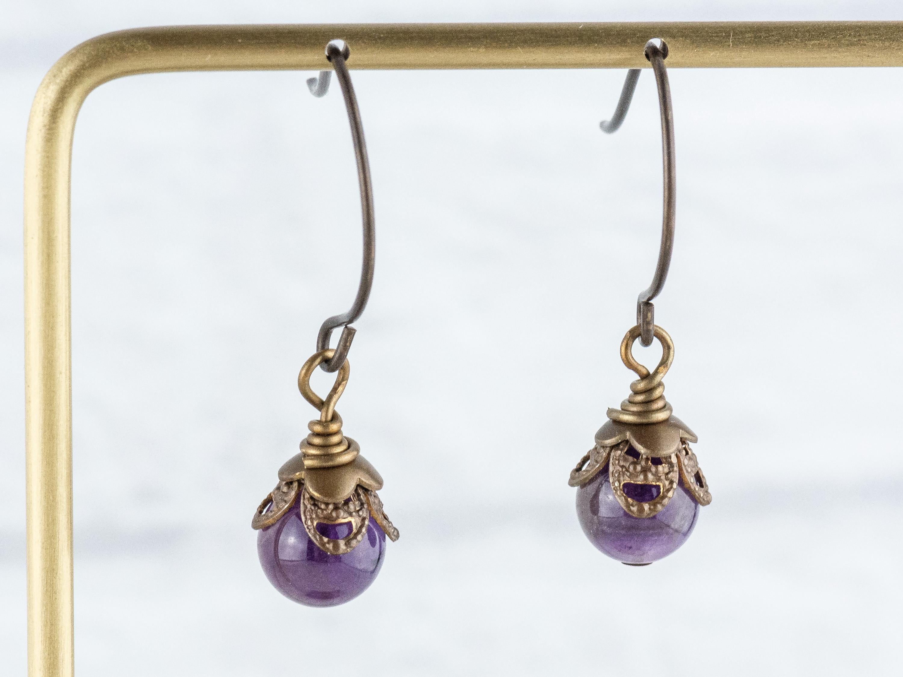 Amethyst Gemstone Brass Petal Earrings • Earthy Purple Boho Jewelry • Handmade Dangly Earrings • Jewelry Gift Idea • Nickel-free • Lead-free