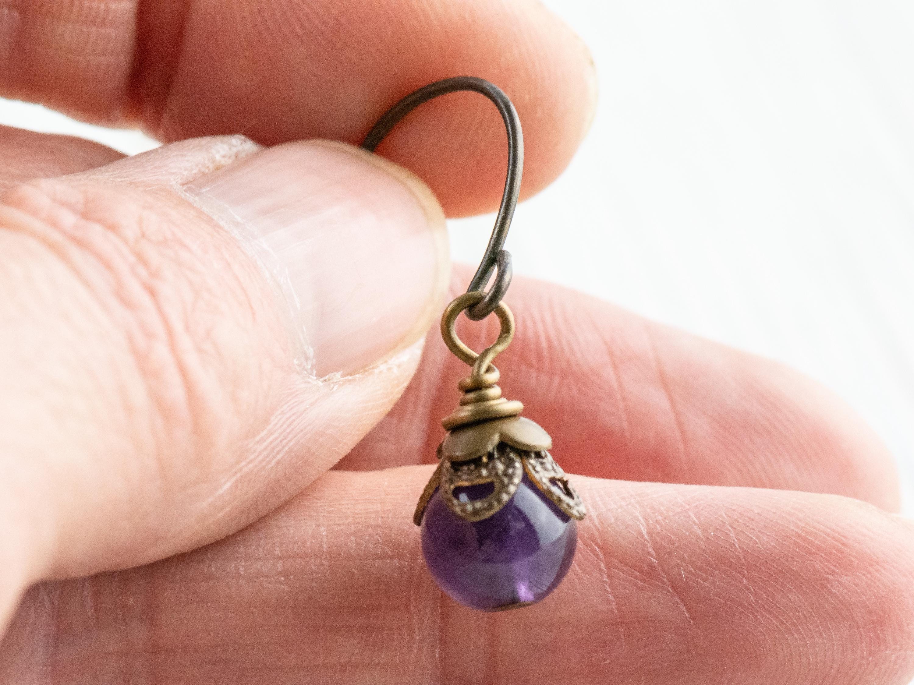 Amethyst Gemstone Brass Petal Earrings • Earthy Purple Boho Jewelry • Handmade Dangly Earrings • Jewelry Gift Idea • Nickel-free • Lead-free