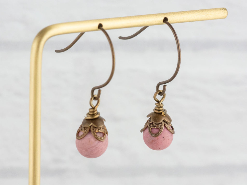 Matte Rhodonite Gemstone Brass Petal Earrings • Earthy Pink Boho Jewelry • Handmade Dangly Earrings • Jewelry Gift • Nickel-free • Lead-free