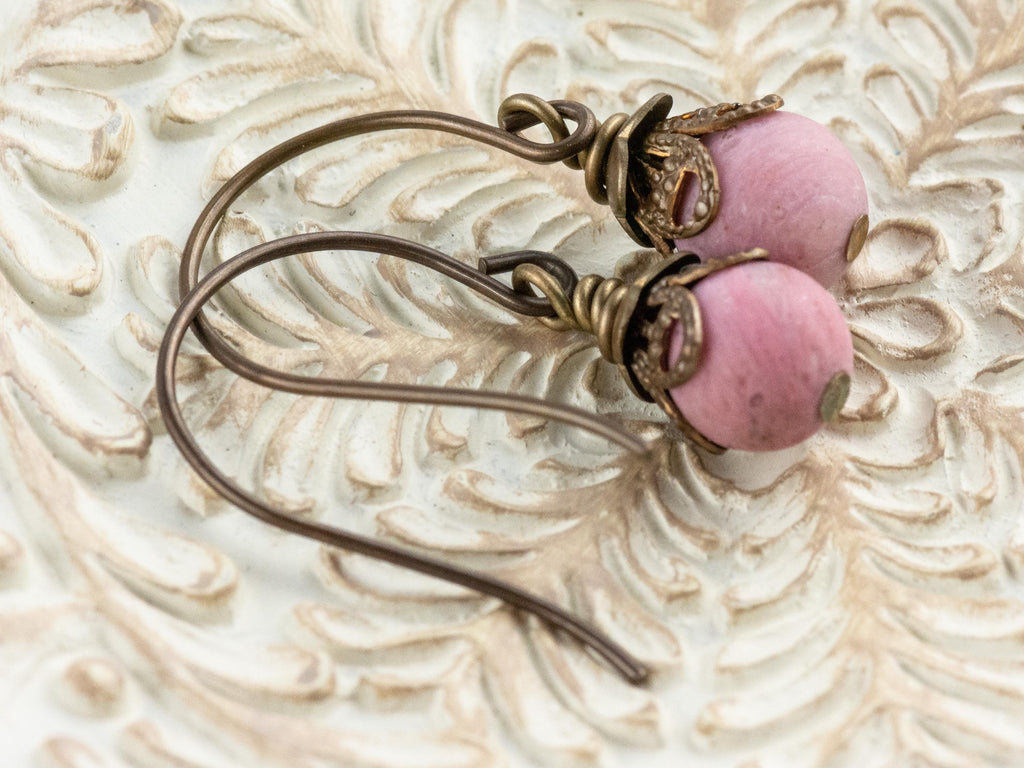 Matte Rhodonite Gemstone Brass Petal Earrings • Earthy Pink Boho Jewelry • Handmade Dangly Earrings • Jewelry Gift • Nickel-free • Lead-free