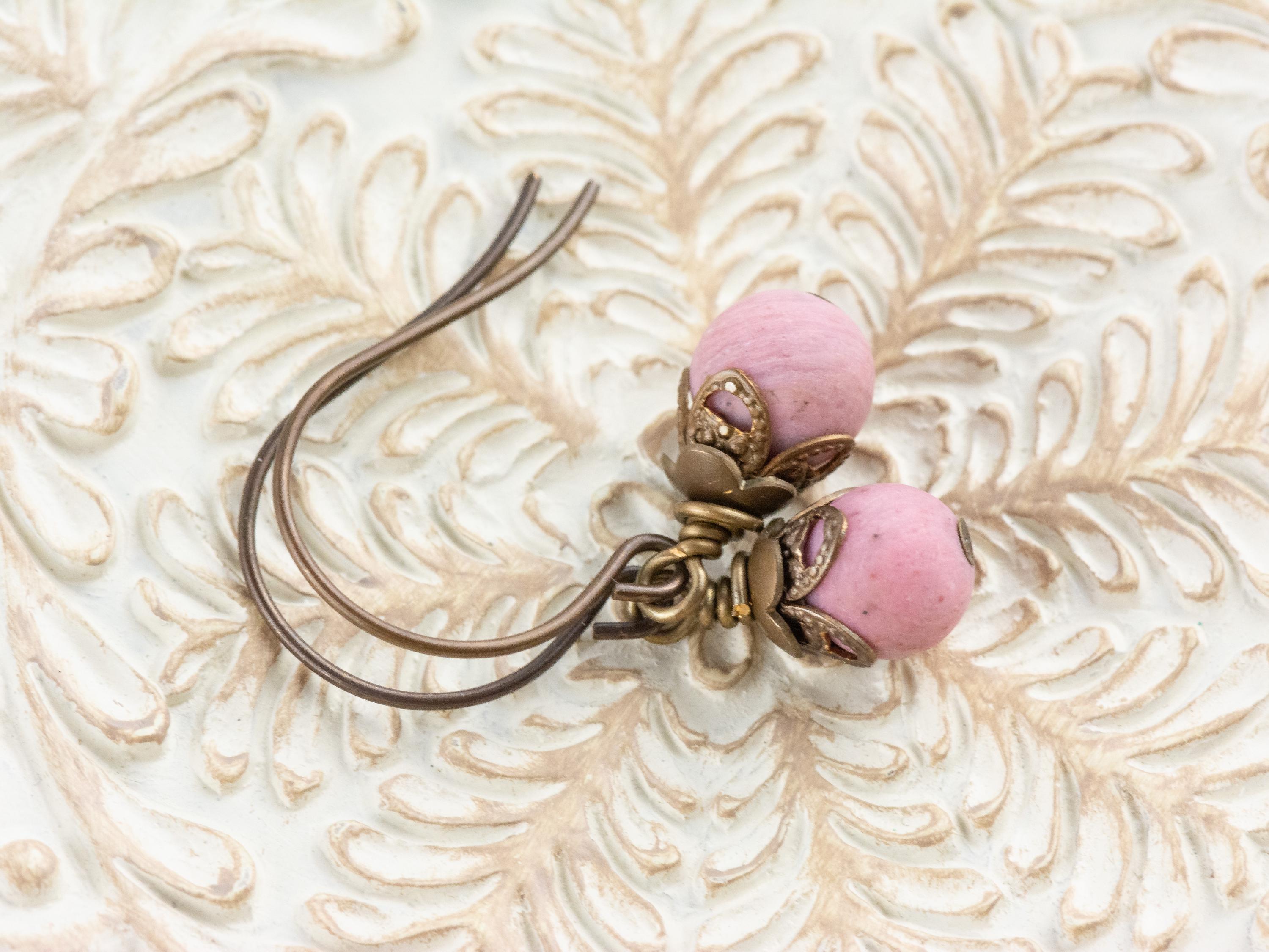 Matte Rhodonite Gemstone Brass Petal Earrings • Earthy Pink Boho Jewelry • Handmade Dangly Earrings • Jewelry Gift • Nickel-free • Lead-free
