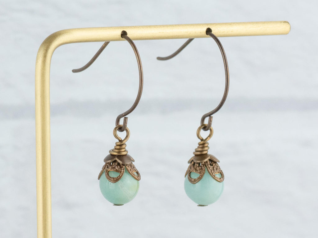 Amazonite Gemstone Brass Petal Earrings • Earthy Blue Boho Jewelry • Handmade Dangly Earrings • Jewelry Gift Idea • Nickel-free • Lead-free