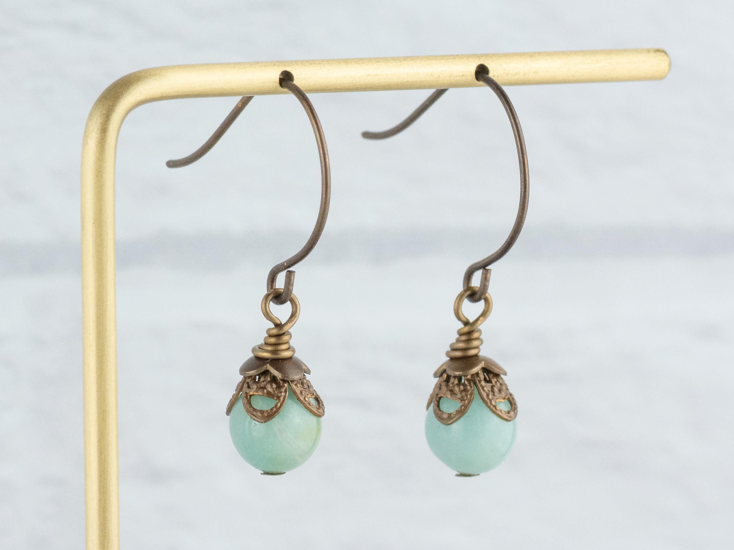 Amazonite Gemstone Brass Petal Earrings • Earthy Blue Boho Jewelry • Handmade Dangly Earrings • Jewelry Gift Idea • Nickel-free • Lead-free